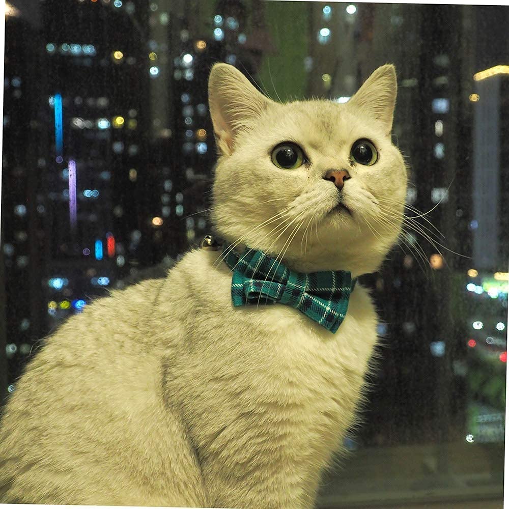 Cat Collar Breakaway With Bell And Bow Tie, Plaid Design Adjustable Safety Kitty Kitten Collars Set Of 2 Pcs(6.8-10.8In) (Pink&Cyan Plaid)