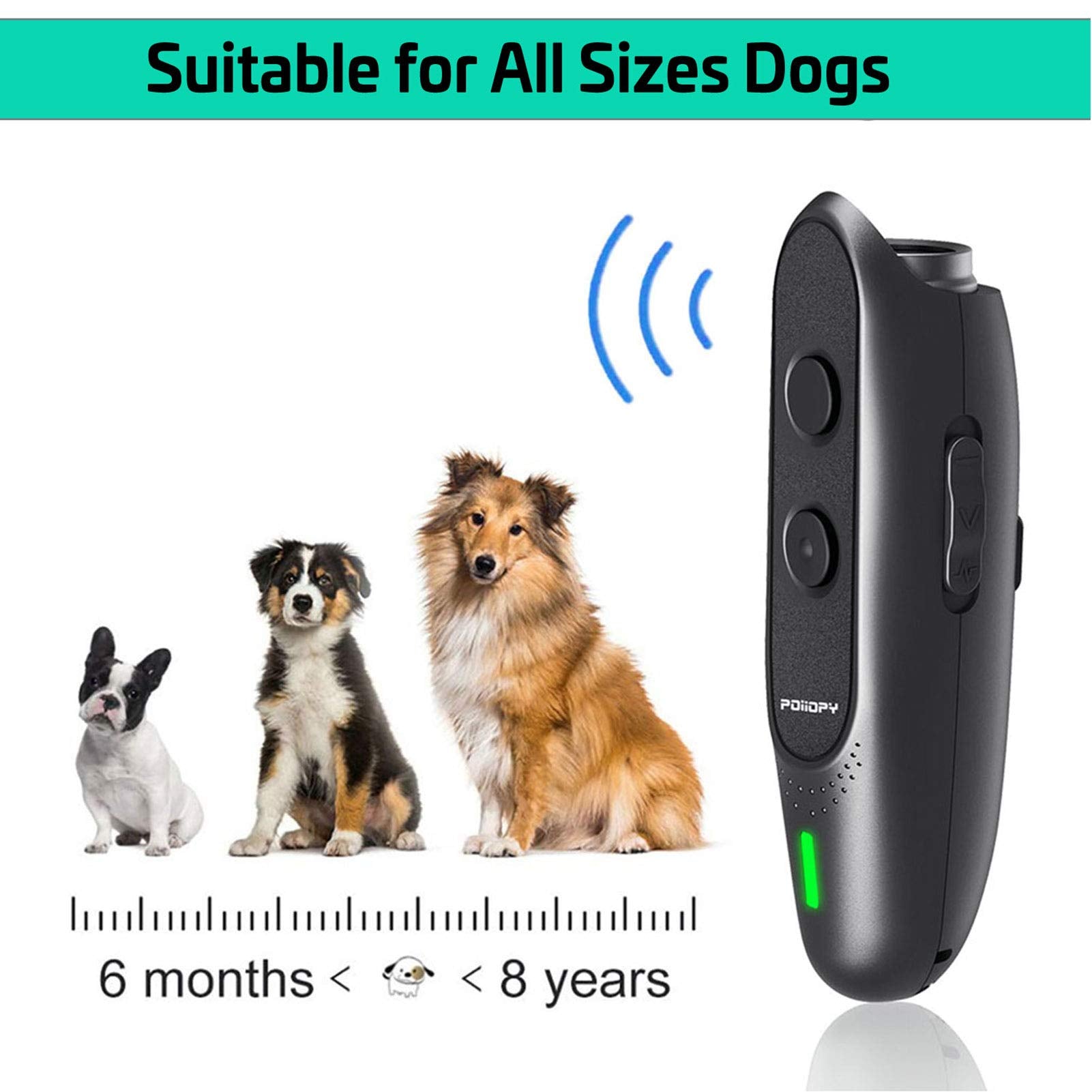 POIIOPY Anti Bark Device - Ultrasonic Rechargeable Dog Trainer, 16.4 Ft Range, Model ABG01-001, 2 in 1 Control Tool