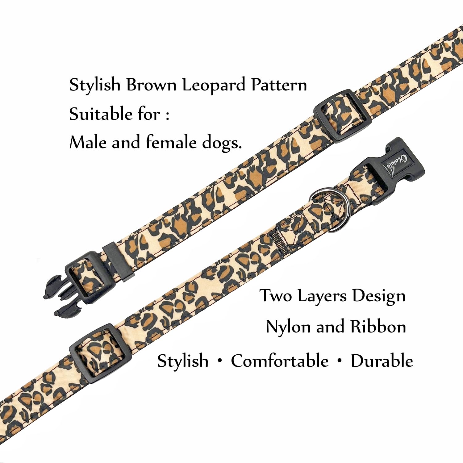 Olahibi Dog Collar Leash Set, Leopard Pattern, Nylon Webbing Plus Cotton Ribbon, 5Ft Matching Leash, For Medium Dogs.(M, Brown L