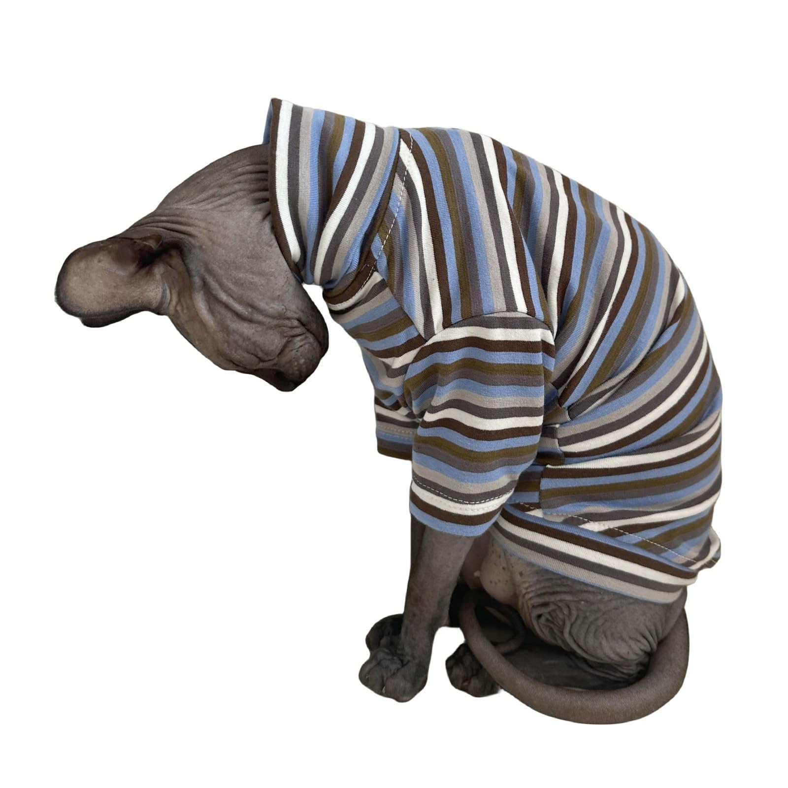 Vintage Stripes Sphynx Hairless Cats Shirt Cotton Cat Turtleneck Pet Clothes Kitten T-Shirts With Sleeves For Sphynx Cats (Storm