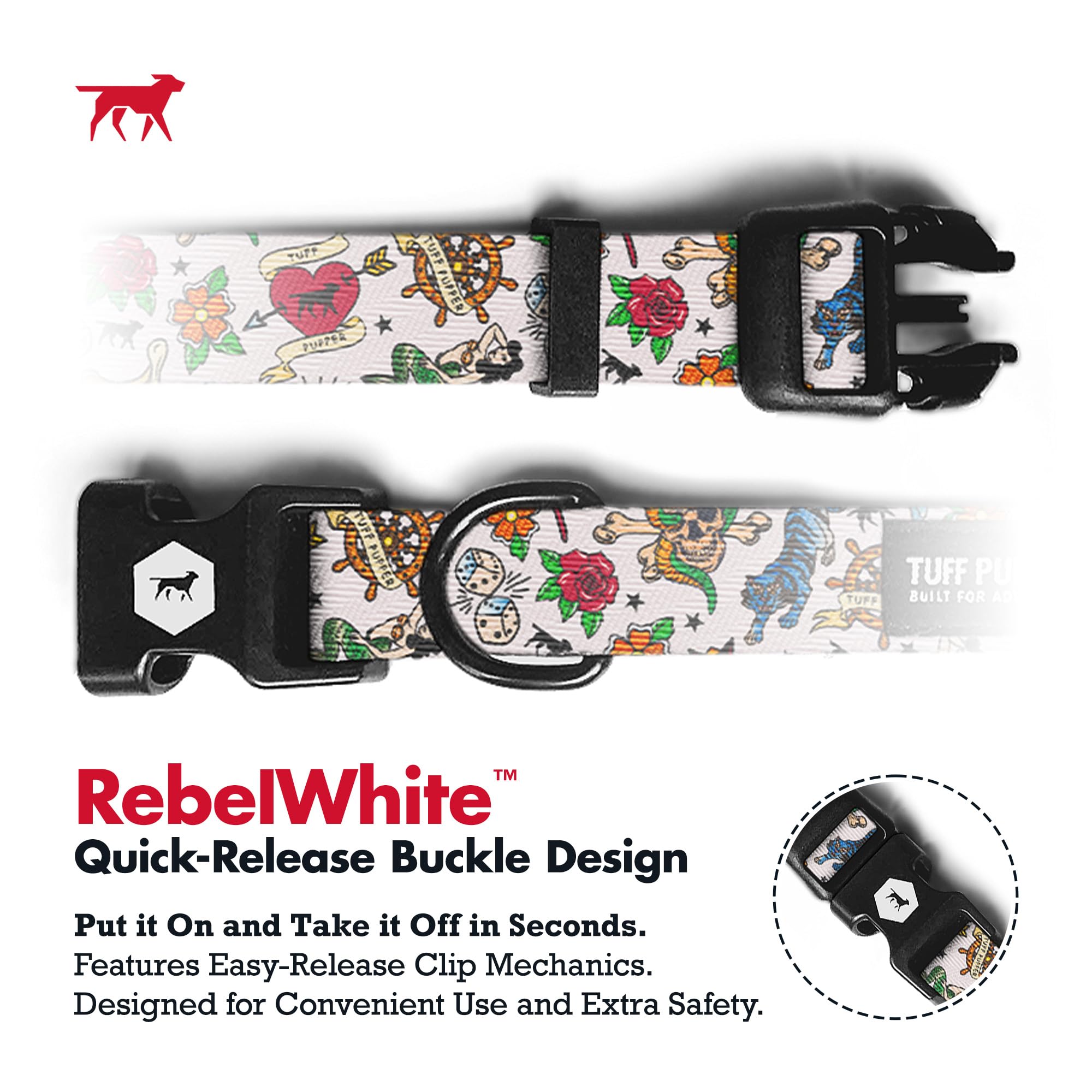 Tuff Pupper Premium Adjustable Dog Collar for Medium Dogs, Stylish Pattern Collars Designed in USA, Quick Release Buckle, RebelW