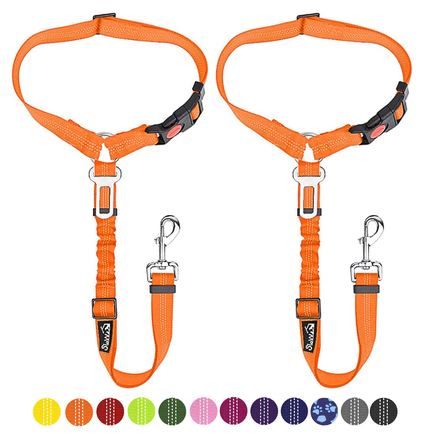 Slowton Dog Seat Belt For Car, 2 Pack Dog Car Harness Seatbelt Adjustable With Elastic Bungee Buffer, 2 In 1 Pet Car Leash Headr