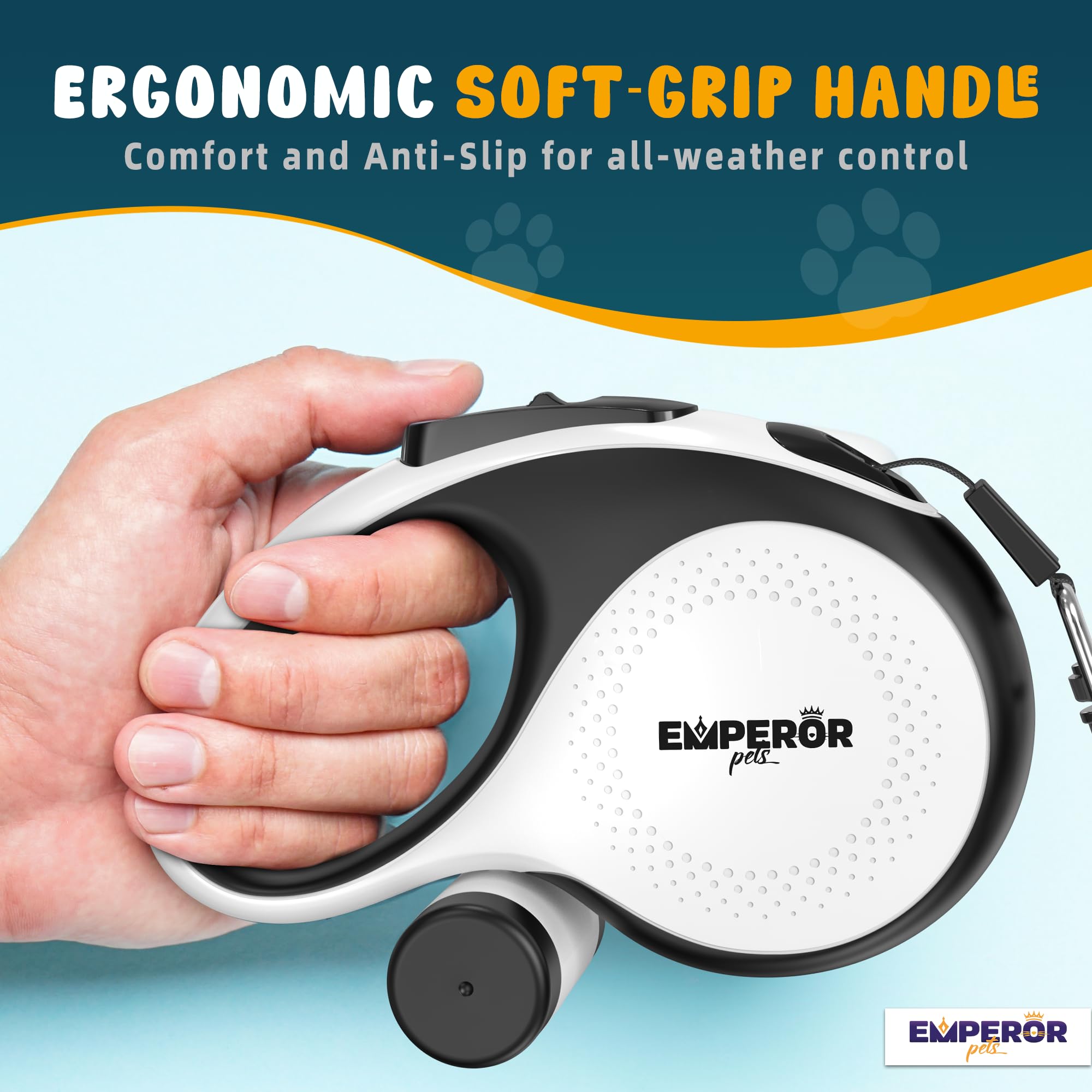 Emperor Pets 16 Ft Retractable Dog Leash White - Heavy Duty Retractable Pet Leash With Anti-Slip Grip - Reflective Dog Leash Tap