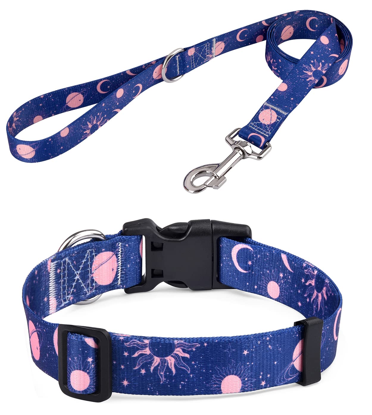 Hqyddmi Soft Comfy Pet Collar And Leash Set For Medium Dogs, Universe Pattern For Boy Girl Puppy Dogs (Universe Set, M)