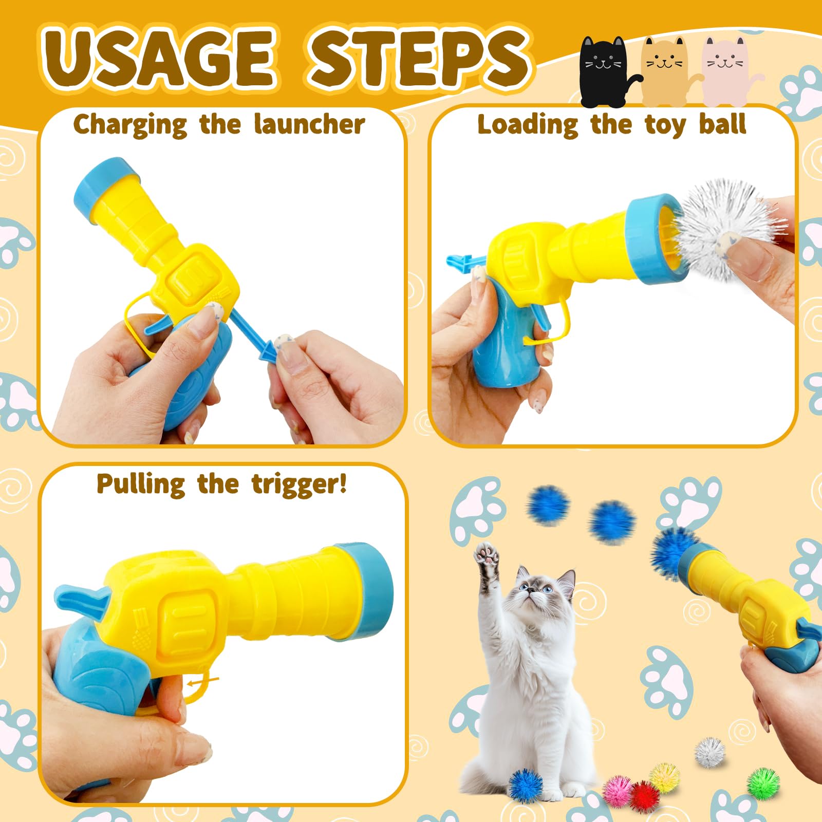 Eerrhhaq Cat Toy Balls With Launchers Set,2 Cat Toy Launchers & 100 Glitter Cat Pom Pom Balls,Cat Fetch Toy Interactive Cat Toy