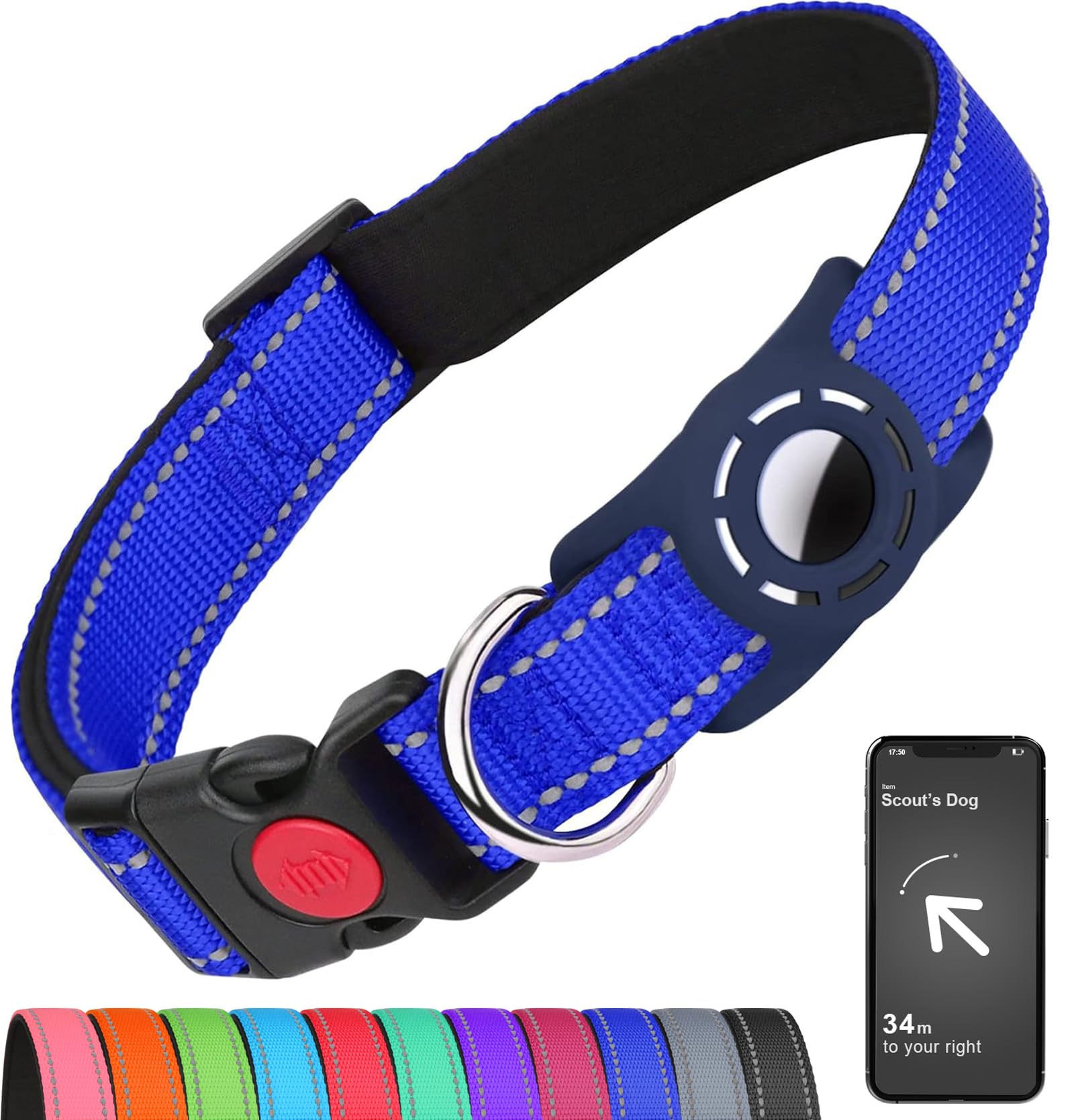 Erbine Airtag Dog Collar With Airtag Holder For Large Dogs, Reflective, Soft Padded & Safety Locking Buckle, Nylon Pet Collars A