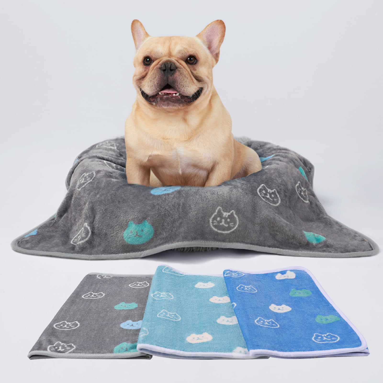 1 Pack 3 Blankets Super Soft Fluffy Premium Cute Cat Pattern Pet Blanket Flannel Throw for Dog Puppy Kitten Blue/Cyan/Grey Small