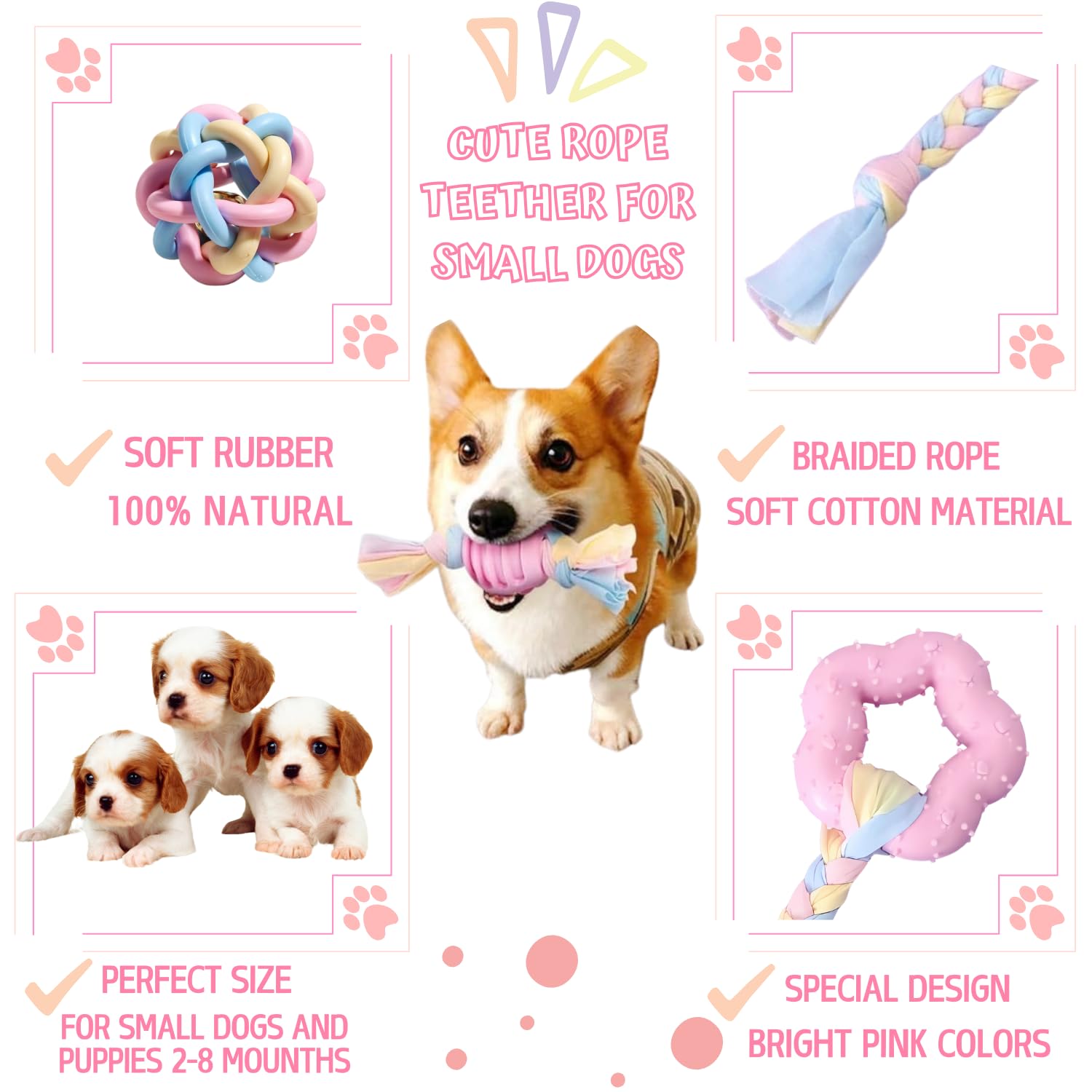 Pink Puppy Toys, 6- Pack Teething Chew Toys, Soft Durable Rubber Teething Toys For Puppies Small Breeds, Eco-Friendly, Interacti