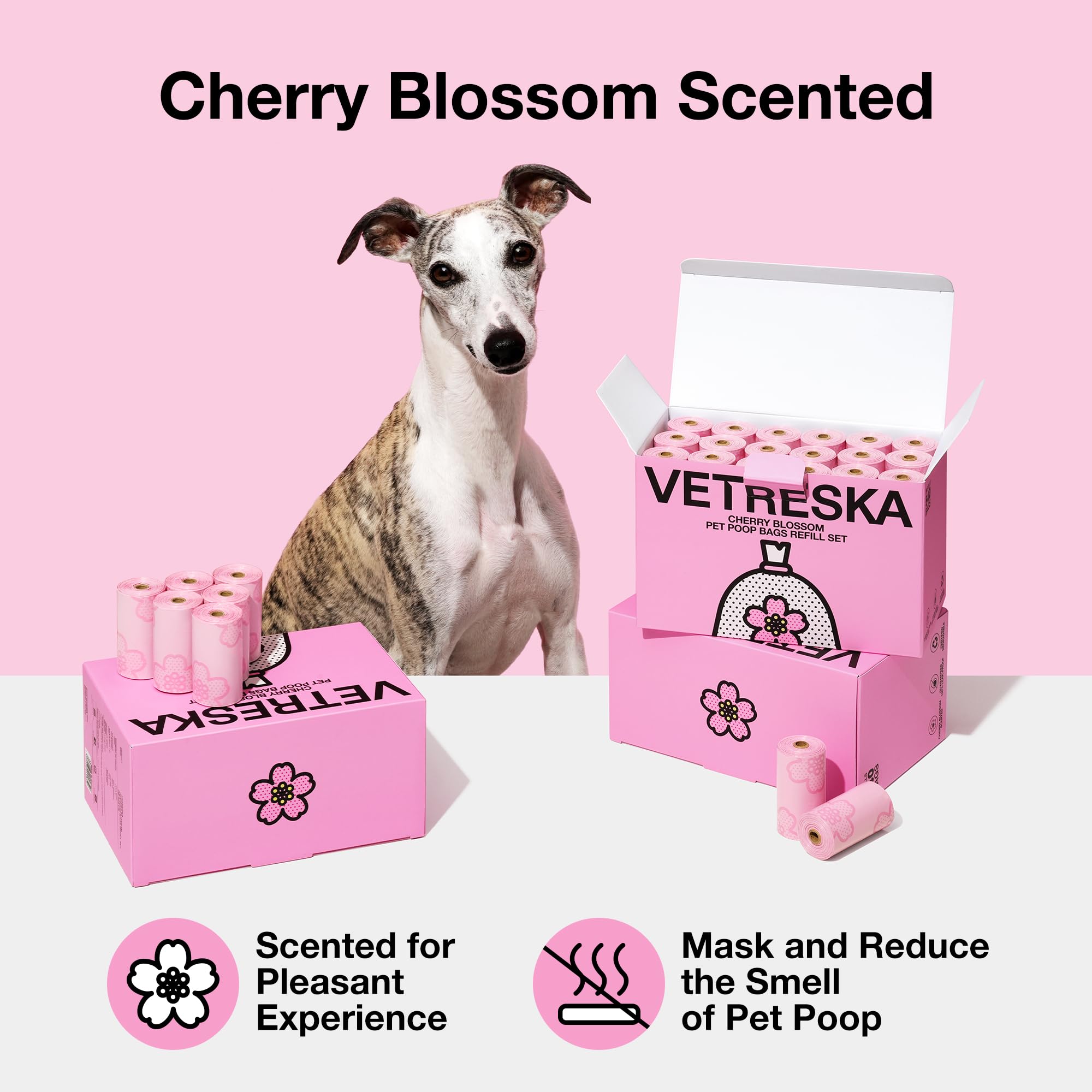 Vetreska Cherry Blossom Scented Dog Poop Bags, Leak Proof, Extra Thick And Large Dog Waste Bags, Poop Bags For Dogs Walking And Cat Litter, 36 Refill Rolls, 540 Bags, Pink