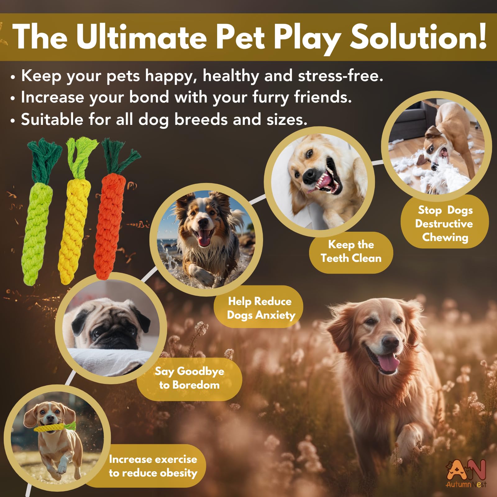 Autumnnest 3Pcs Mixed Color Woven Pet Rope Toys (Yellow, Green, Orange), Chew Toys For Dogs & Cats, Safe & Durable Braided Rope