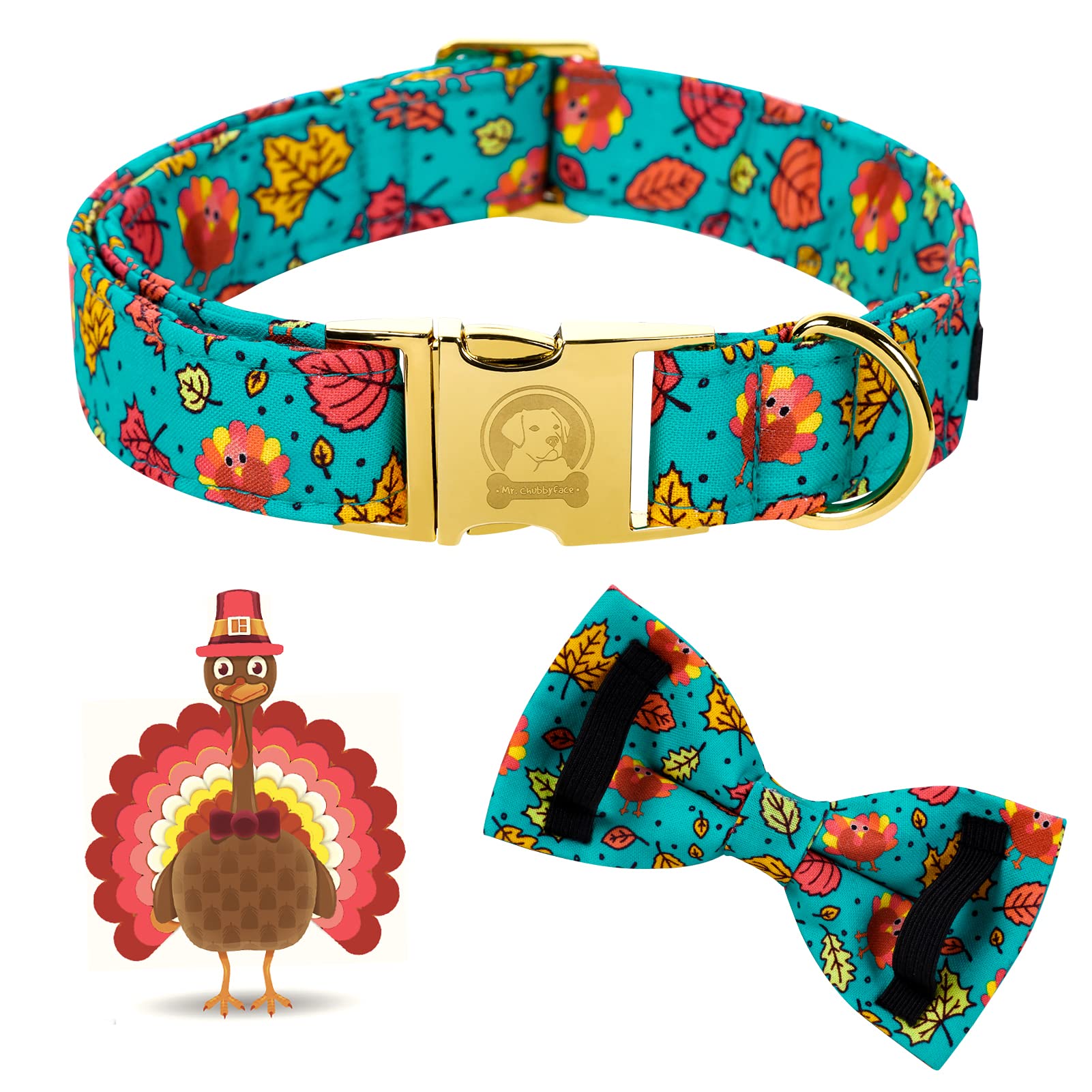 Mr. Chubbyface Thanksgiving Dog Collar - Fall Maple & Turkey Design With Adjustable Bowtie For Small, Medium & Large Dogs
