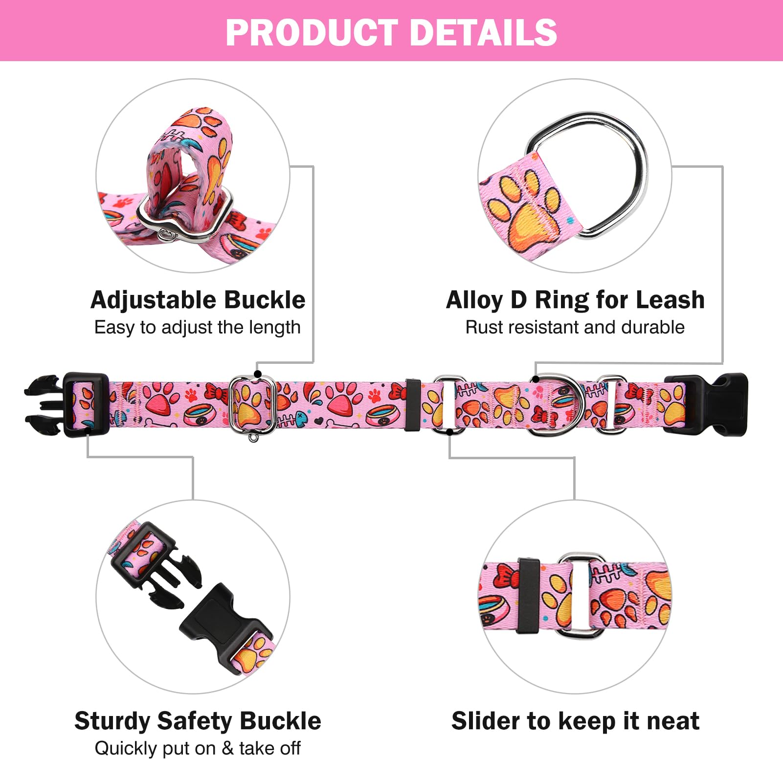 Hikiko Martingale Collar For Dogs Cute Girl Pink Dog Collars With Anti Pulling Dog Collar For Small Medium Large Dog(Pink Bowl,M
