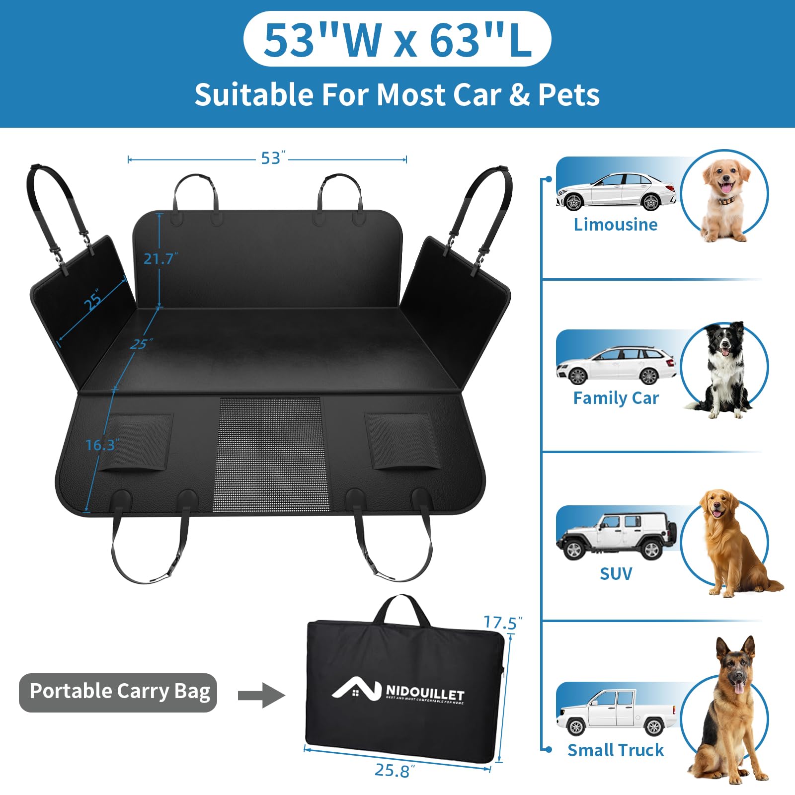 Nidouillet Back Seat Extender For Dogs - Pu Leather Dog Car Seat Cover For Back Seat Anti-Scratch Hard Bottom Max 440Lbs, Waterp