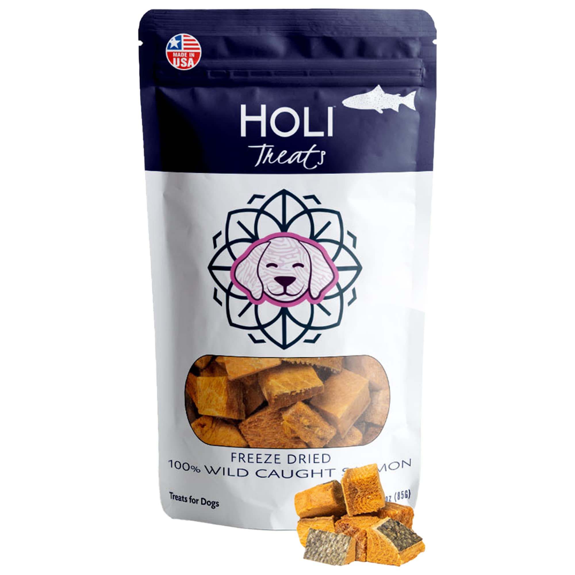 HOLI Freeze Dried Salmon Dog Treats - with Omega 3 and 6 Fish Oil - All Natural Dog Treats - Human Grade - Wild Caught Salmon - 