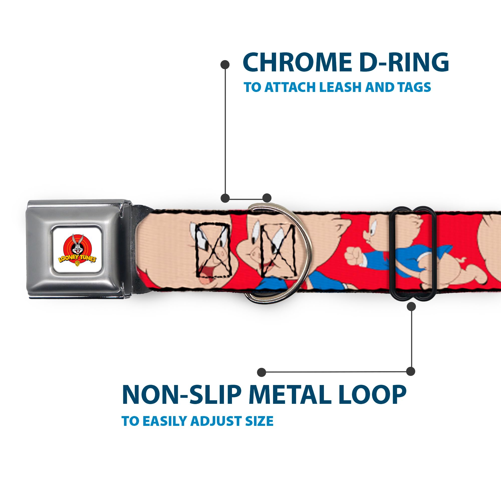 Dog Collar Seatbelt Buckle Porky Pig Expressions Red 18 To 32 Inches 1.5 Inch Wide