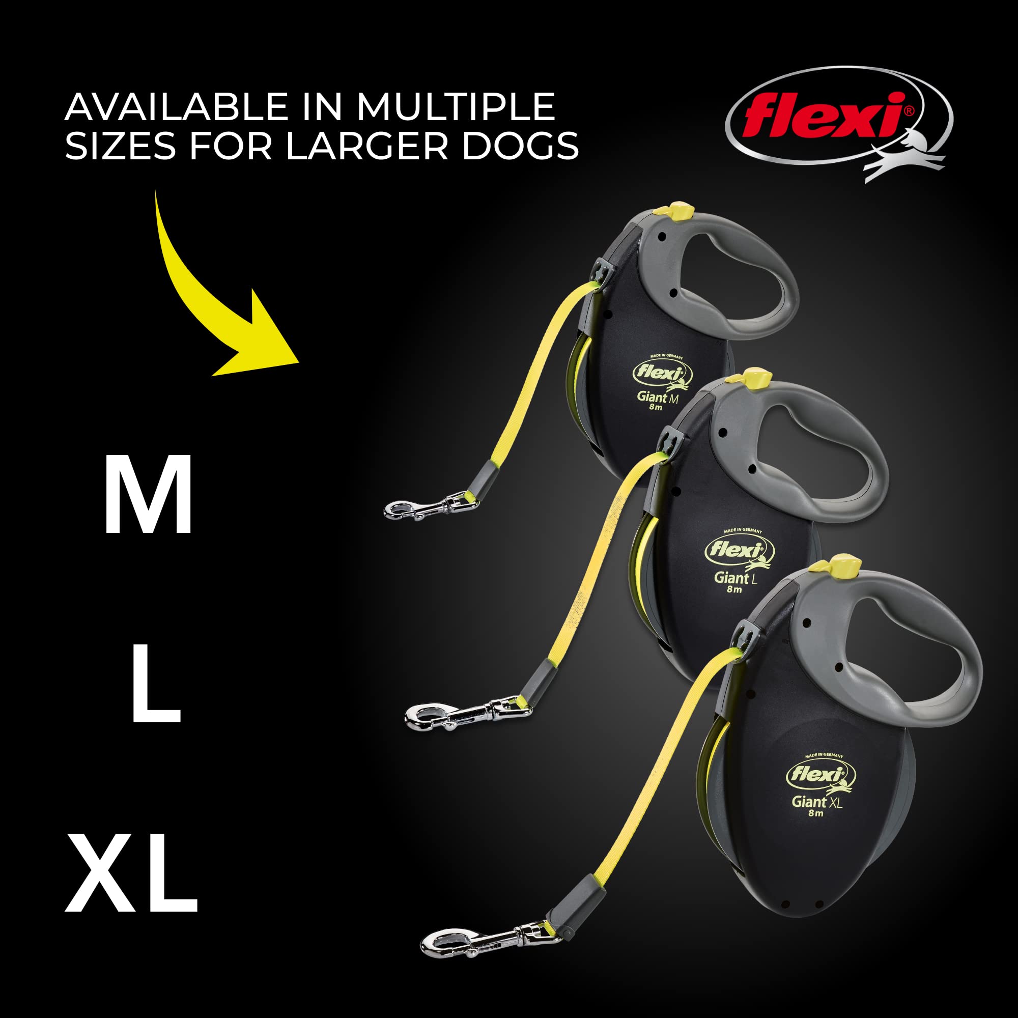 FLEXI Giant Tape Retractable Dog Leash - Extra Large 26 ft, Black Neon, Tangle-Free, One-Handed Brake, Nylon, Model GT4.210.S NEO.16
