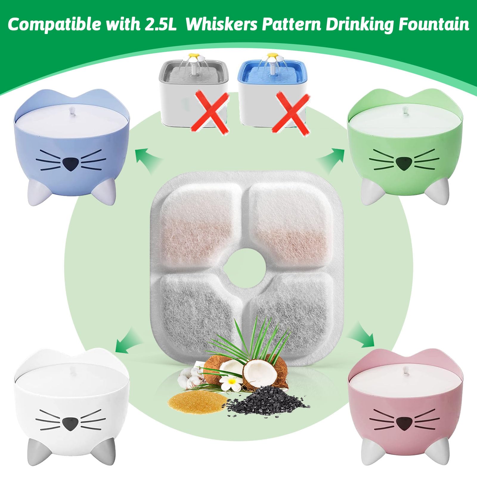 Cat Water Fountain Replacement Filters Fit For 2.5L Fountain With Whiskers Pattern Triple Action Water Pet Cat Drinking Fountain