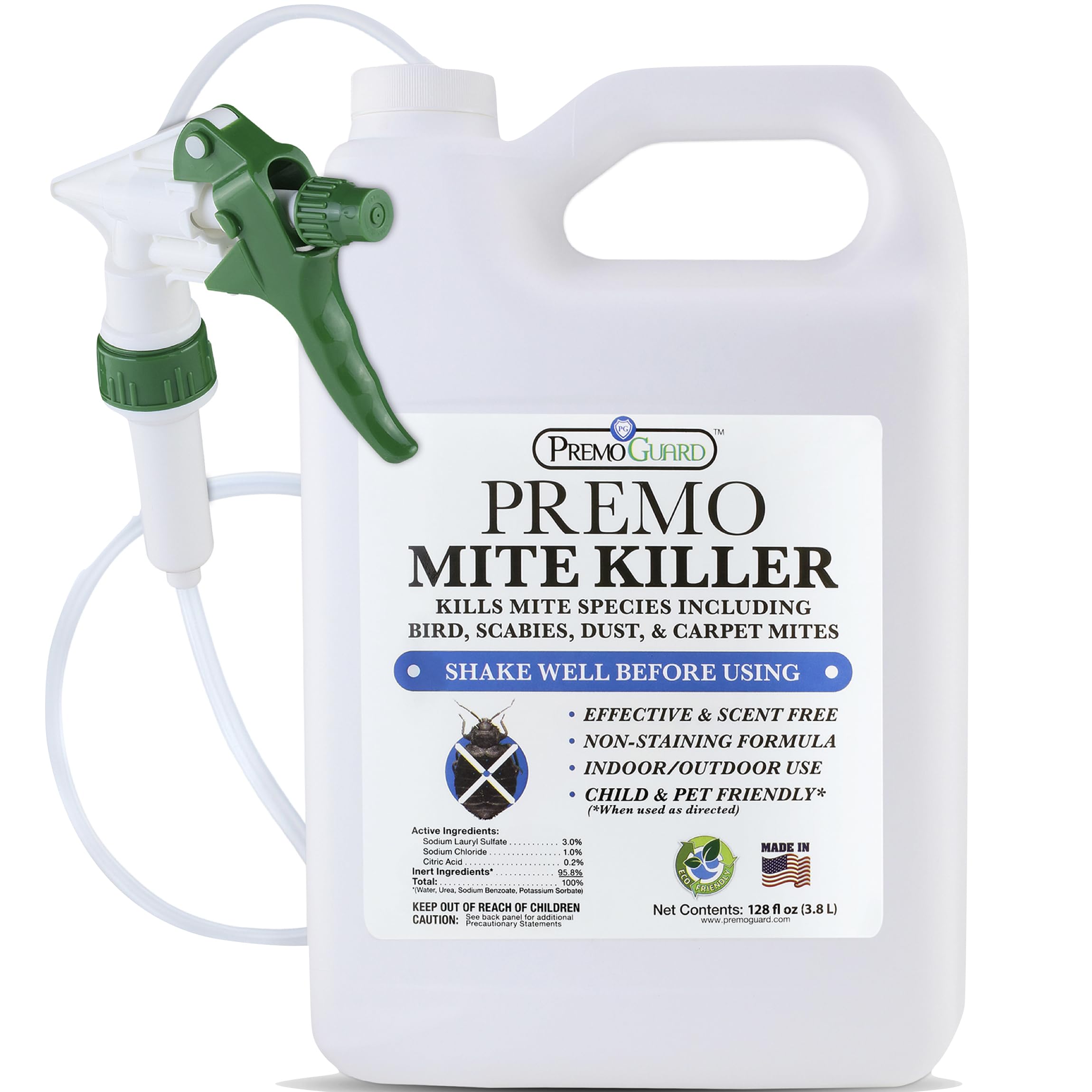 Premo Guard Mite Killer Spray - 128 Fl Oz - Fast Acting & 100% Effective - Child & Pet Safe Treatment for Dust, Spider, Rat, Mouse, Scabies Mites
