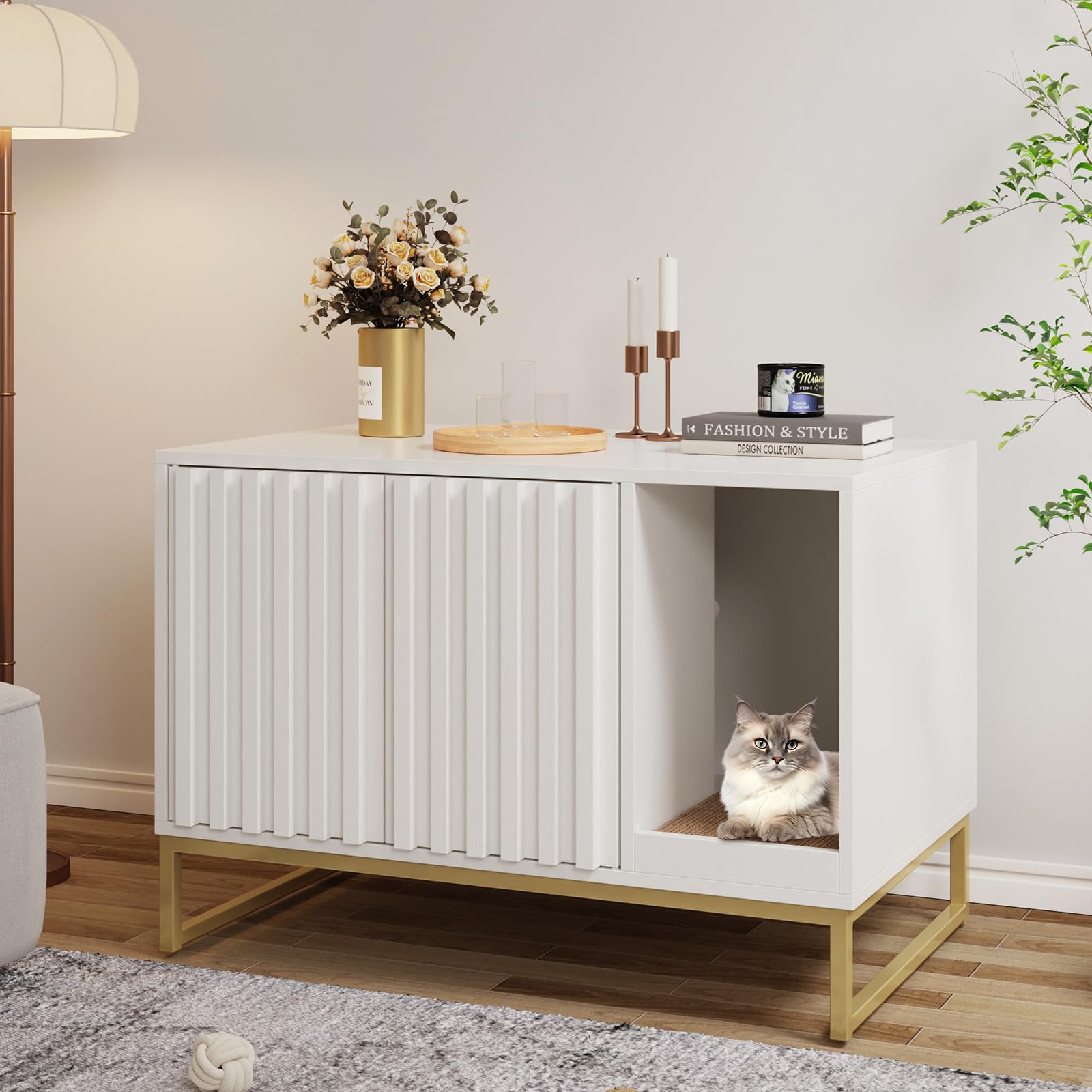 Fivewillowise Litter Box Enclosure, Modern Fluted Hidden Litter Box Furniture,Cat Litter Box Enclosure With Scratching Mat,Cat H