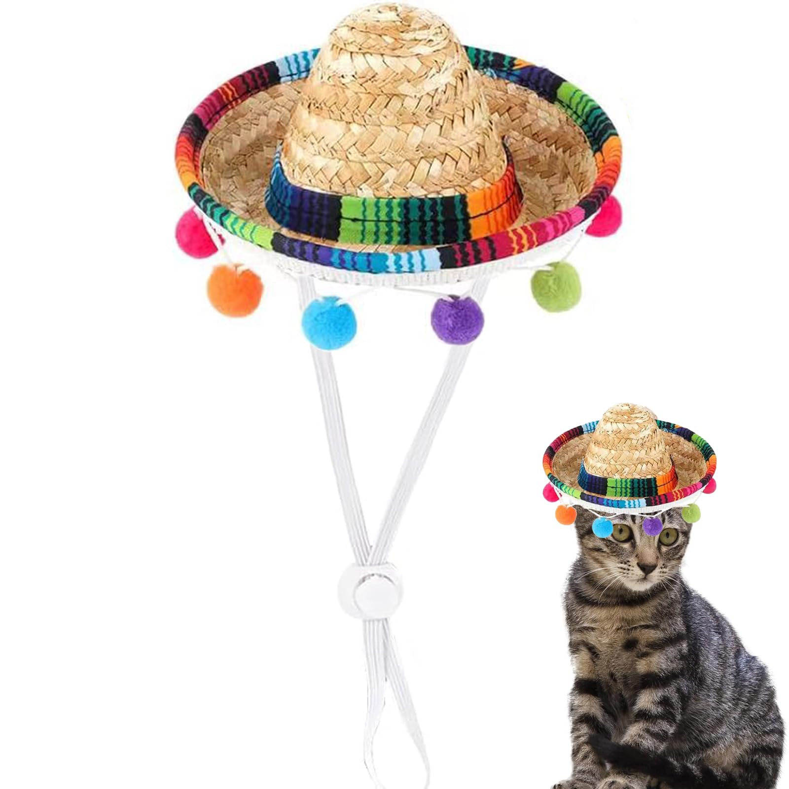 Pet Mexican Hat, Colorful Bobble Ball Tassel, Adjustable Design, Comfortable And Fashionable Dress For Small And Medium-Sized Pe