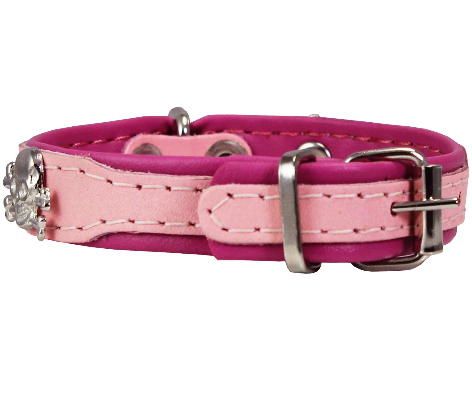 Dogs My Love Real Leather Skull Studded Padded Dog Collar (8.75'-10.5' Neck; 1/2' Wide, Pink/Baby-Pink)
