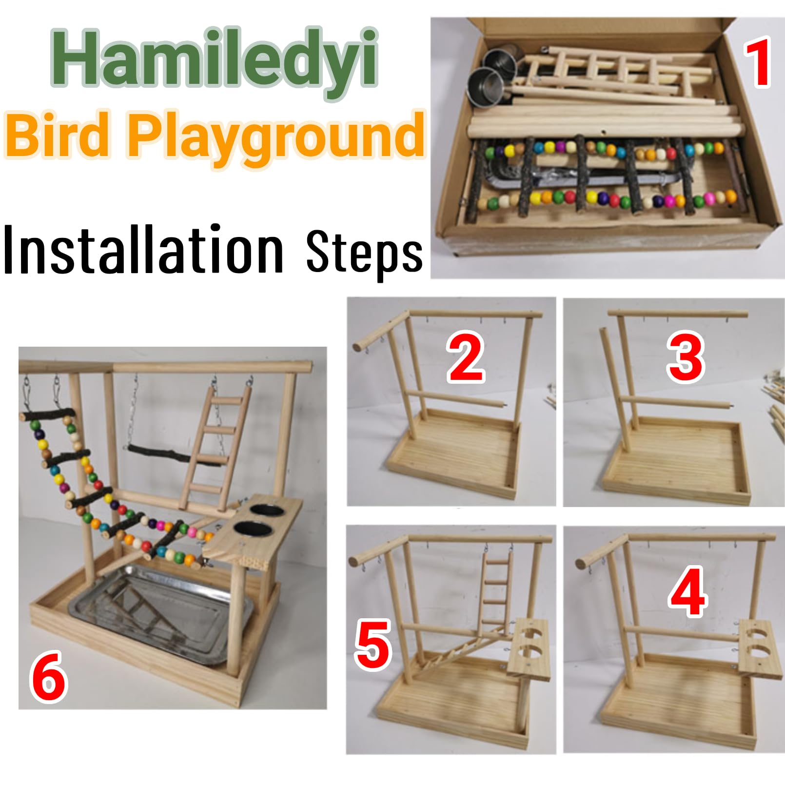 Hamiledyi Parrots Playground Bird Play Gym Wood Perch Stand Colours Climb Ladders Swing Chewing Toys With Parakeet Feeding Cups Exercise Activity Center For Conure Cockatiel Lovebirds(Include A Tray)