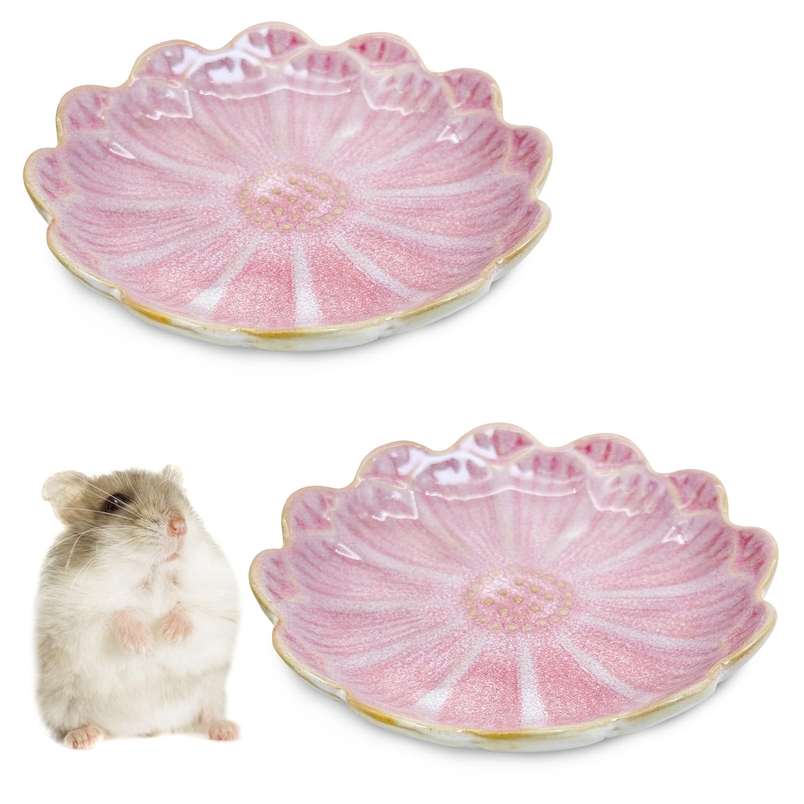 BNOSDM 2 Pcs Hamster Ceramic Food & Water Dish Sunflower Series Shallow Chinchillas Food Bowl Anti-Turning Drinking Dishs for Dw