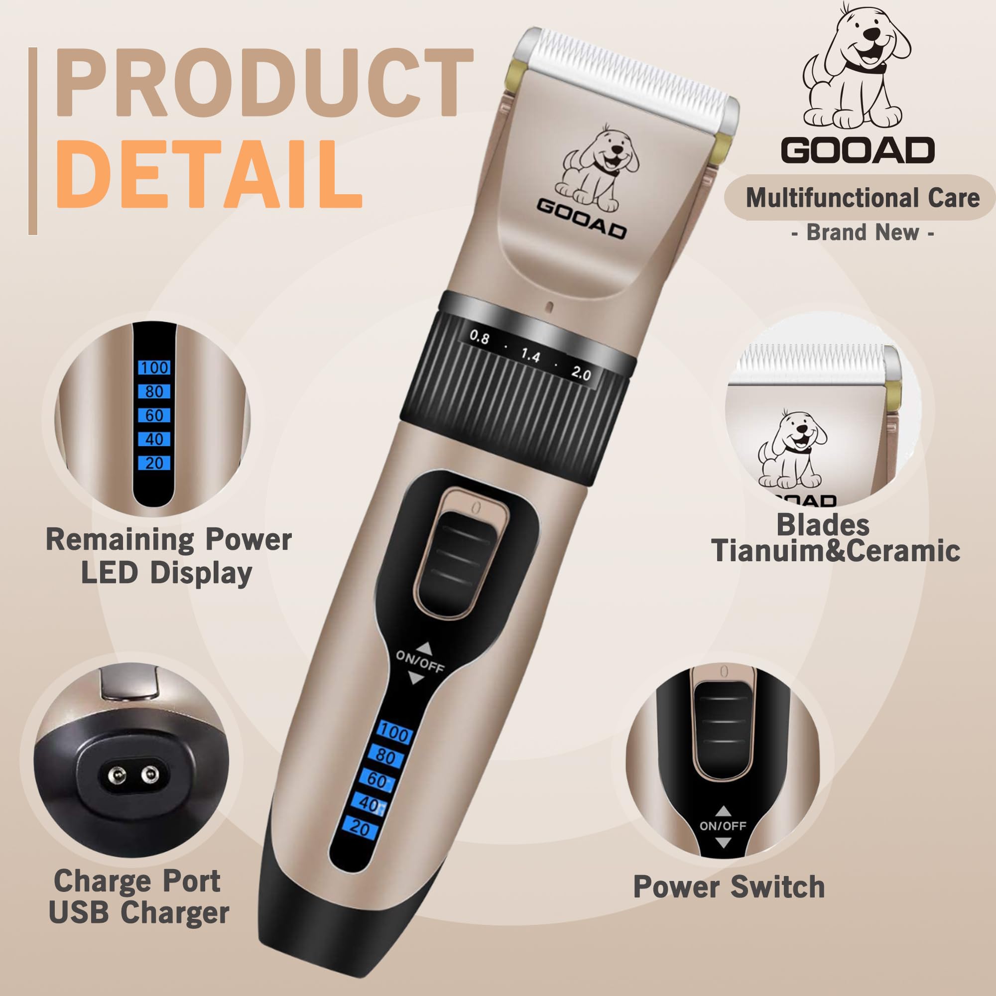 Gooad Dog Clippers Grooming Kit and Paw Trimmer,Cordless,Low Noise, Electric Quiet,Rechargeable, Dog Trimmer Grooming, Pet Hair