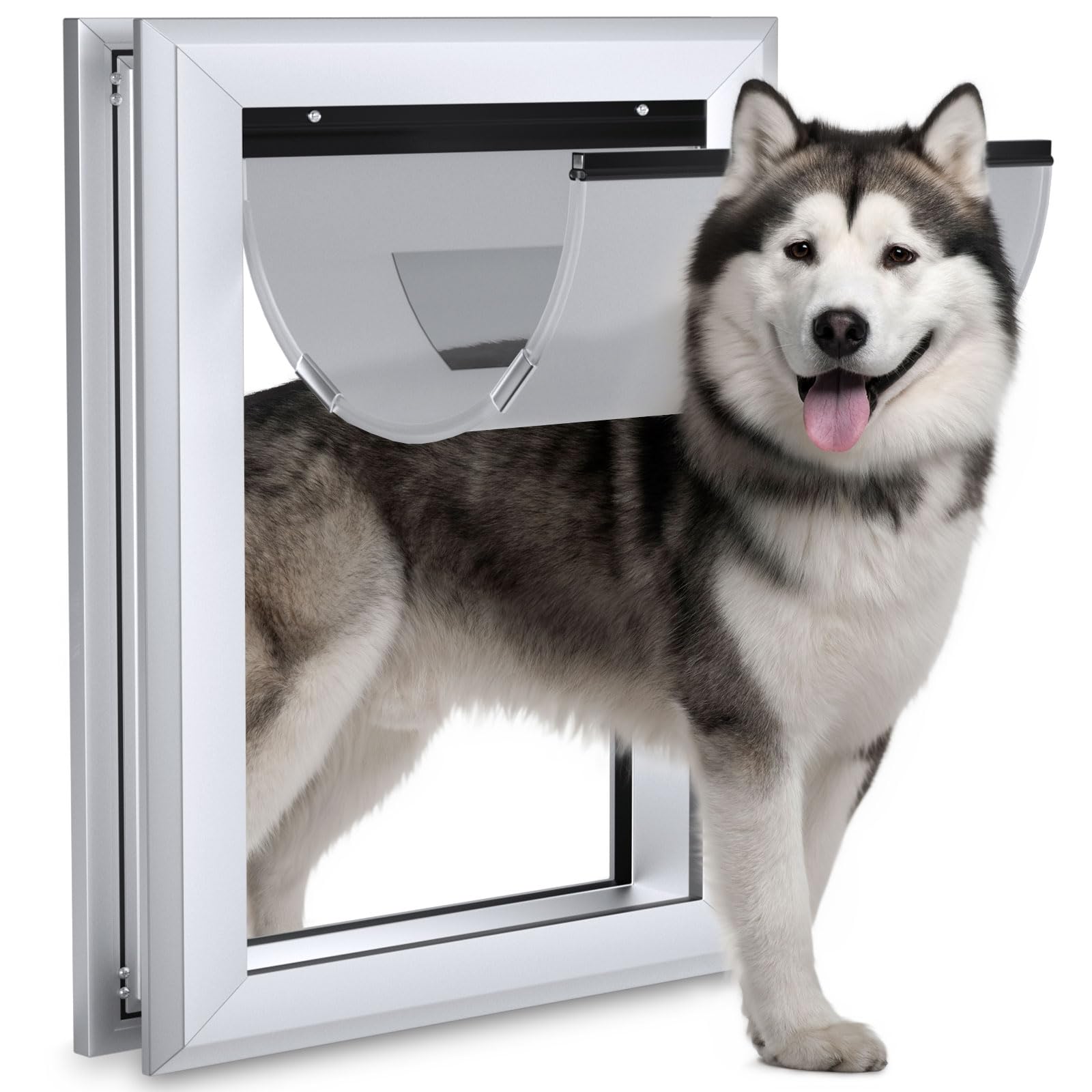 Ownpets Aluminum Extra Large Dog Door, Pet Door With Magnetic Flap And Lockable Sliding Panel, Heavy Duty Doggy Door For Dogs Up