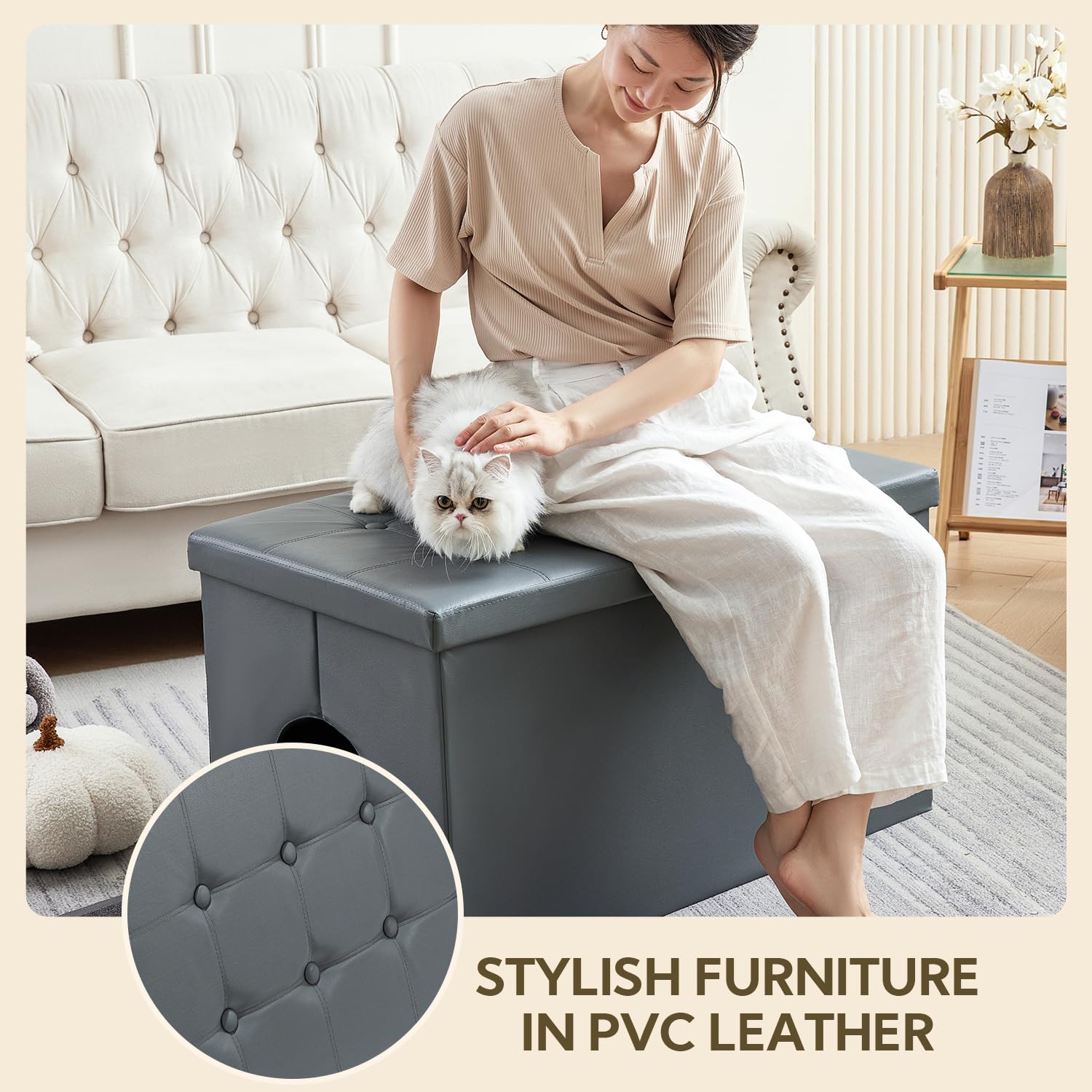 Meexpaws Cat Litter Box Enclosure Furniture Hidden, Cat Washroom Bench Storage Cabinet | Extra Large 36'' X 20'' X 20''| Dog Proof | Waterproof Inside/Easy Clean | Easy Assembly | Odor Control(Grey)