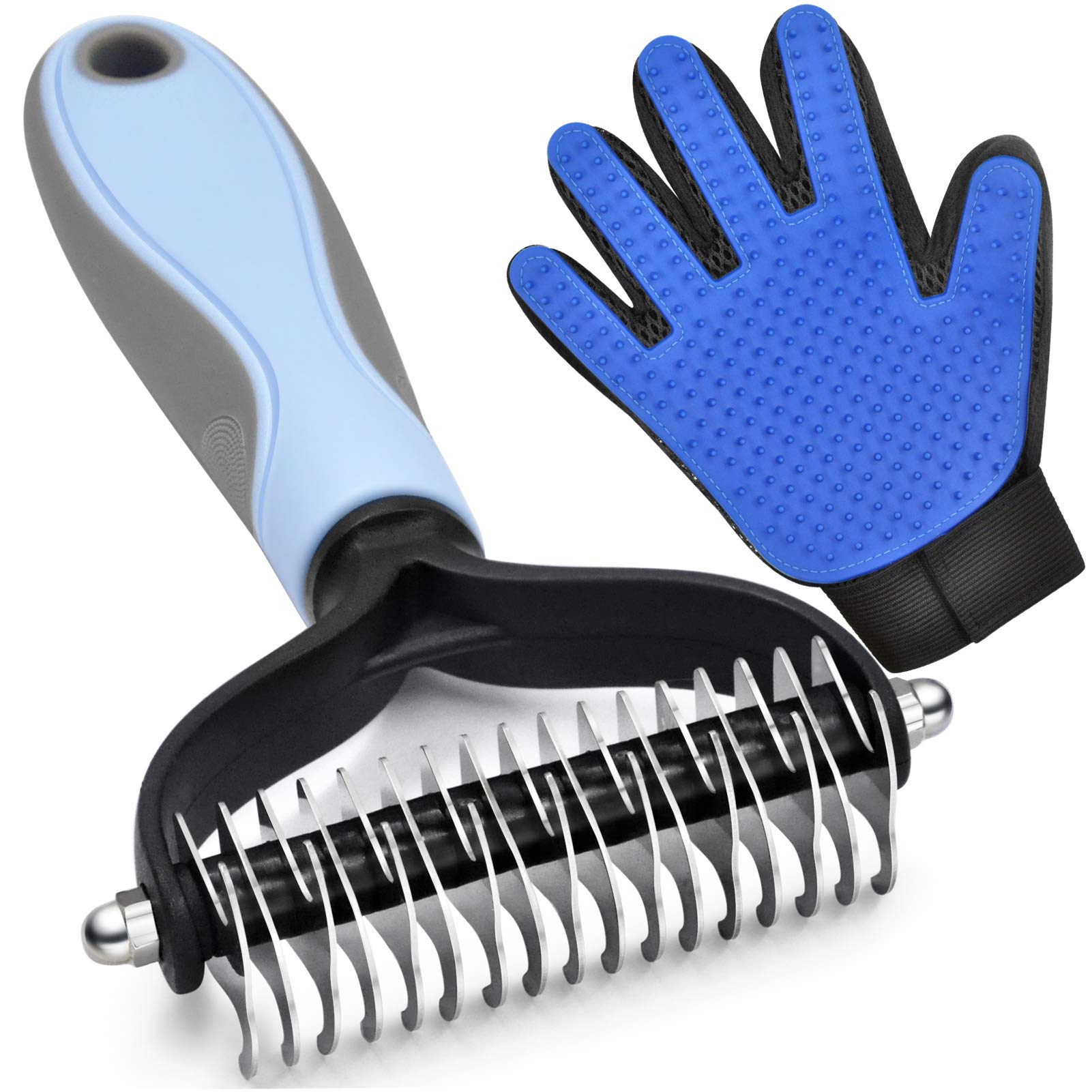 Goeswell Pet Grooming Brush Double-Sided Undercoat Rake For Dogs & Cats - Shedding And Dematting Comb For Dogs &Gentle Deshedding Brush Glove Grooming Kit (Blue 2 Pack)