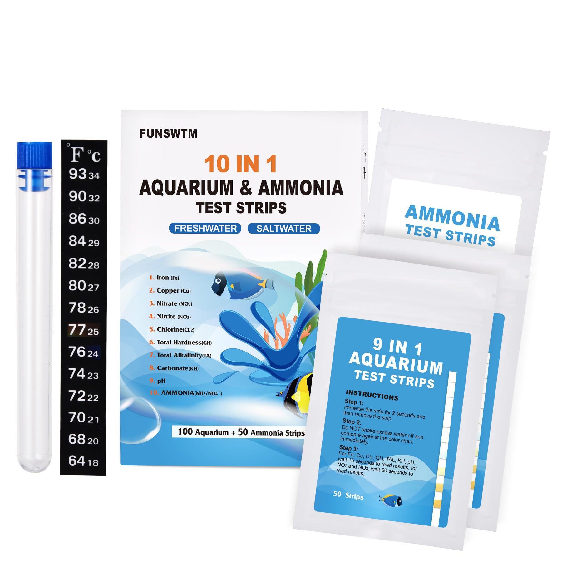 150Pcs Aquarium Ammonia Test Strips, 10 In 1 Ammonia Test Kit For Aquarium Water Test Kit For Freshwater Saltwater Fish Tank Water Testing Kit To Monitors Ammonia Ph Nitrite Nitrate Kg Gh And More