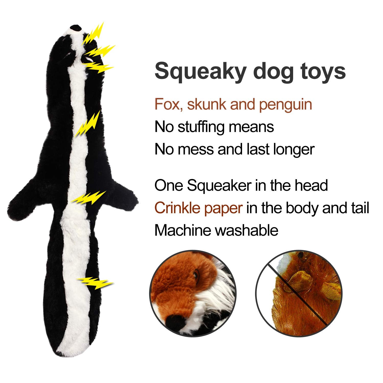 Cnmgbb No Stuffing Dog Toys With Squeakers, Durable Stuffingless Plush Squeaky Dog Chew Toy Set,Crinkle Dog Toy For Medium And Large Dogs, 5 Pack(Squirrel Raccoon Fox Skunk And Penguin), 24Inch