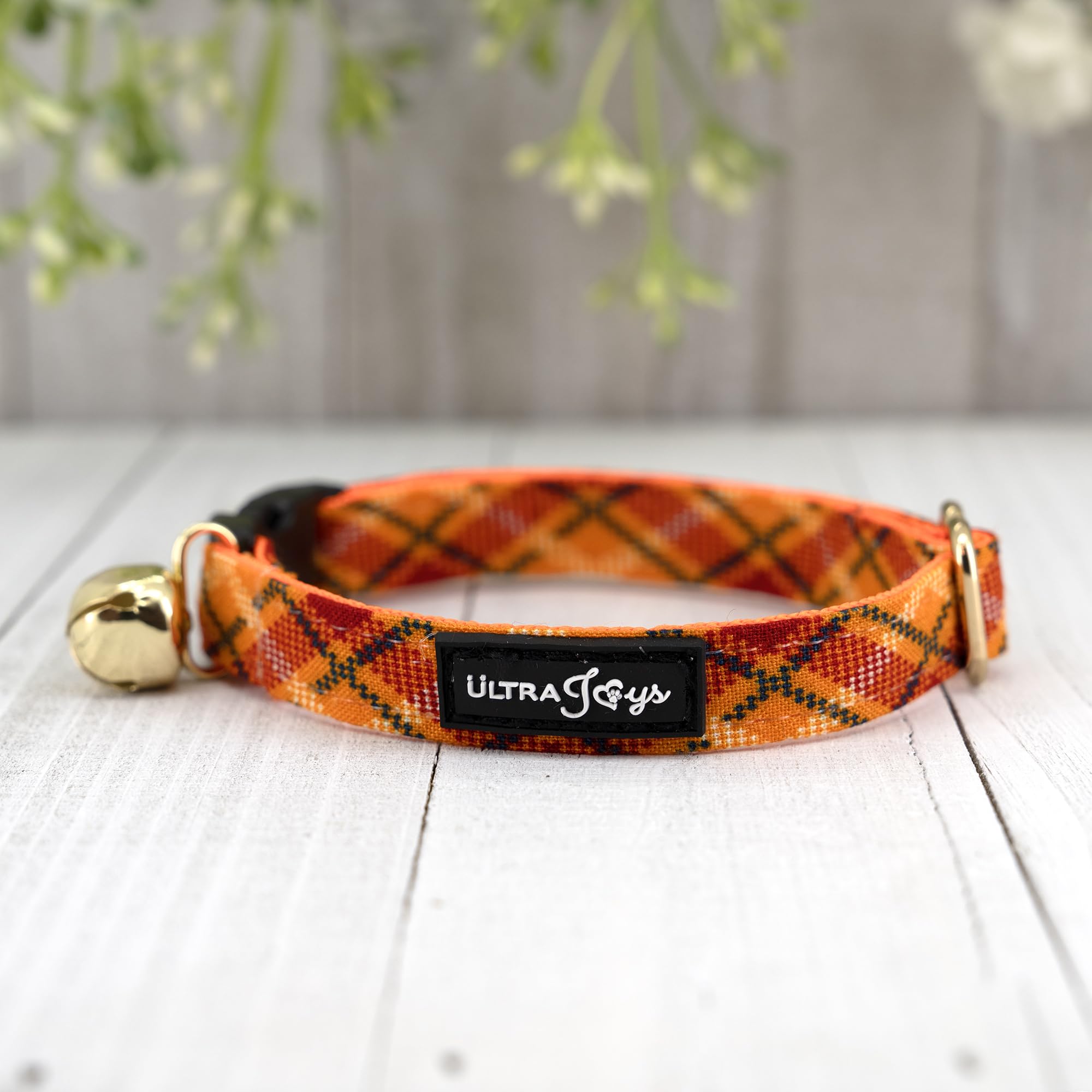 Ultra Joys Cat Collar With Bells - Breakaway For Cats, Kitten Collar - Boy & Girl Cat Collars - Orange Plaid Large