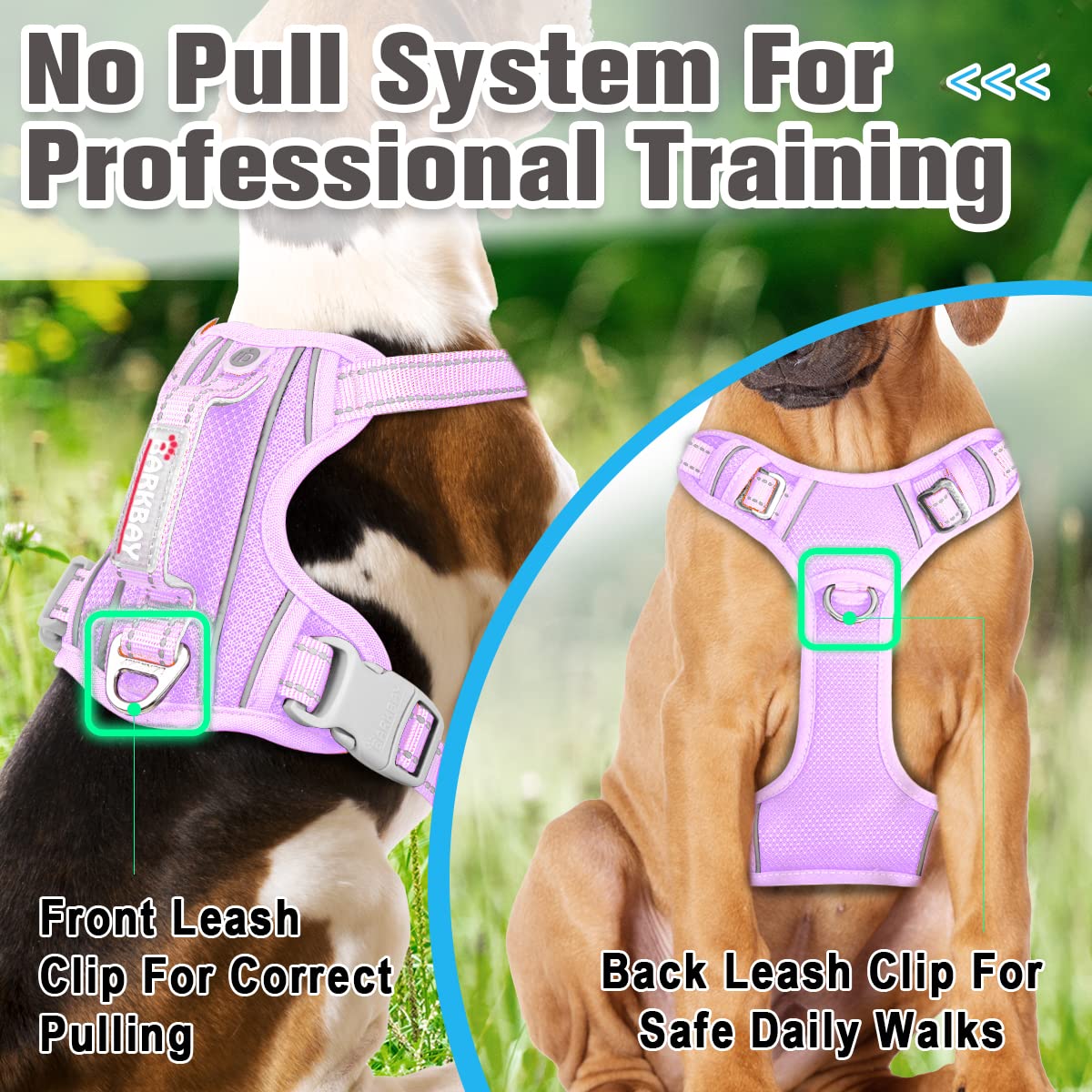 BARKBAY No Pull Dog Harness Front Clip Heavy Duty Reflective Easy Control Handle for Large Dog Walking with ID tag Pocket(Violet