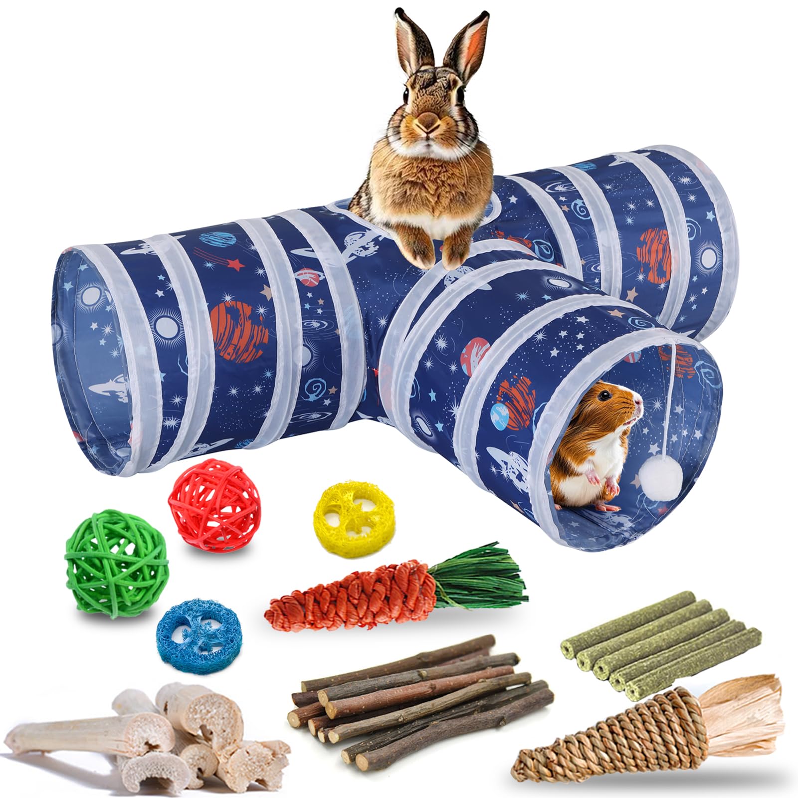HERCOCCI Rabbit Toys, Collapsible Bunny Tunnels & Tubes 3 Way Rabbit Hideout Tunnel with Chew Toy for Bunny Guinea Pig Ferret Ki
