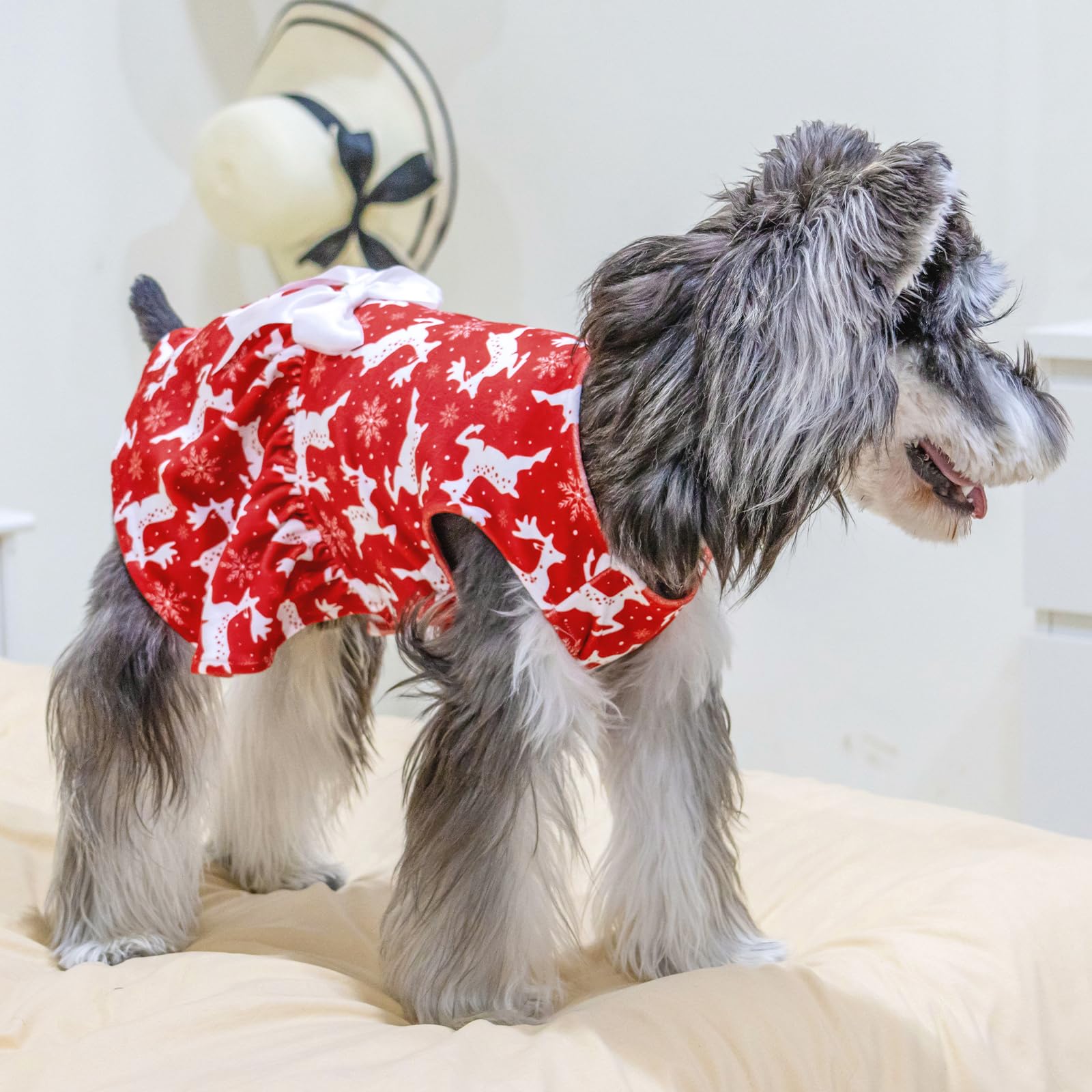 Cutebone Dog Christmas Dresses Outfit Velvet Holiday Small Dogs Clothes Onesie Pet Apparel Girl Puppy Skirt With Bow Hair Rope C
