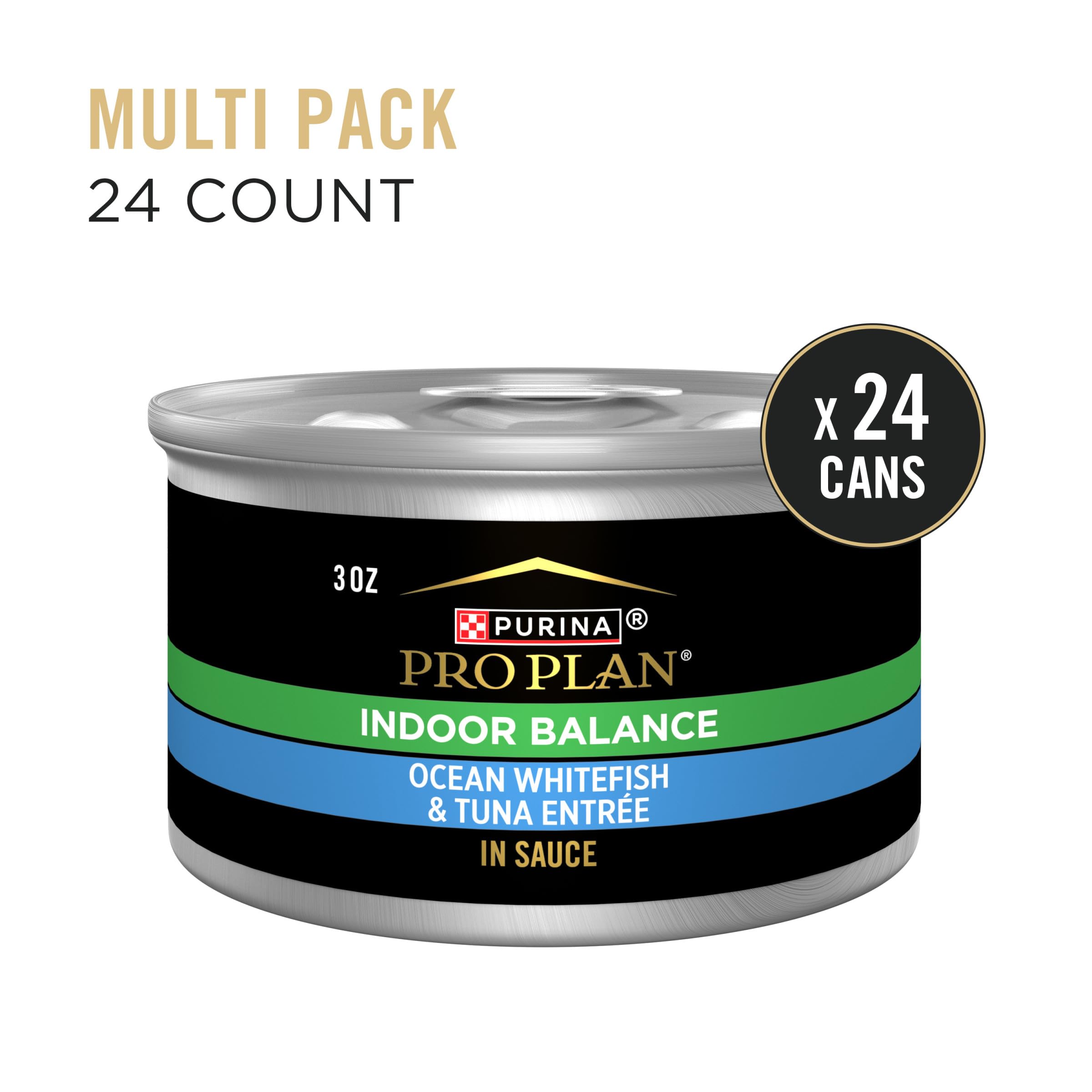 Purina Pro Plan Indoor Balance Cat Food, Ocean Whitefish & Tuna in Sauce, 3 oz. Cans - Pack of 24
