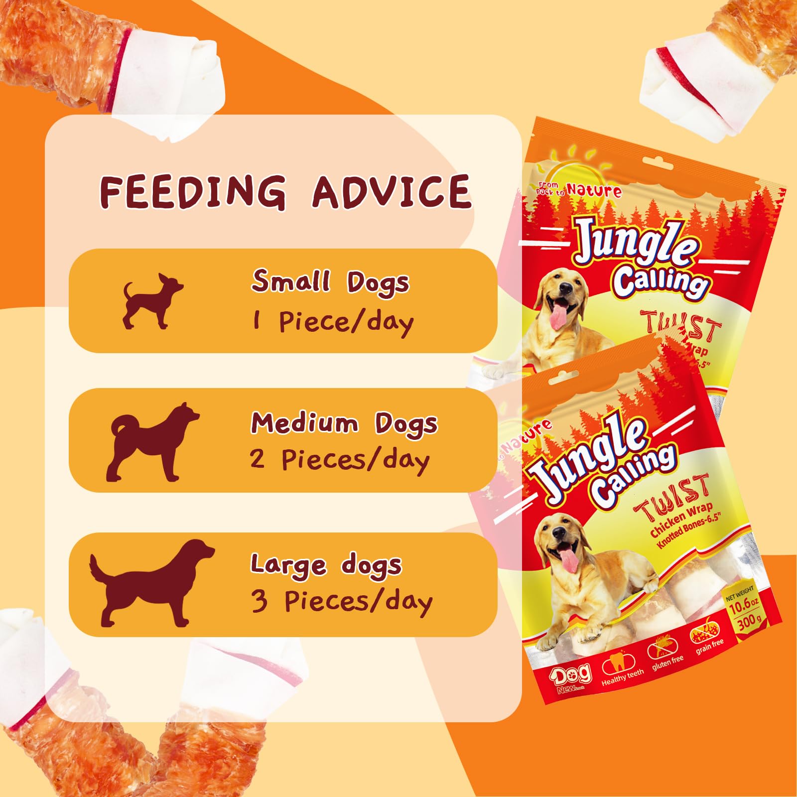 Jungle Calling Chicken Wrap Knotted Bones Dog Chews 6.5 Pack of 4, Long Lasting Beefhide Treats Real Chicken Wrap Rawhide Bones