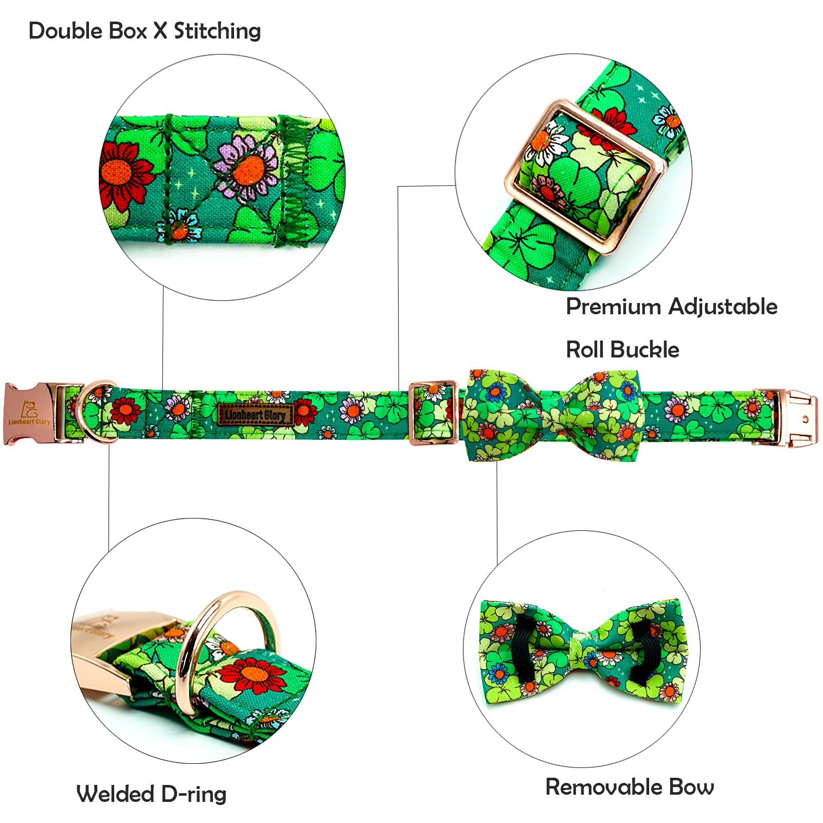 Lionheart Glory St.Patrick'S Day Dog Collar-Lucky Clover Shamrock Dog Bow Collar For Large Dogs Spring Green Trefoil Collars Wit