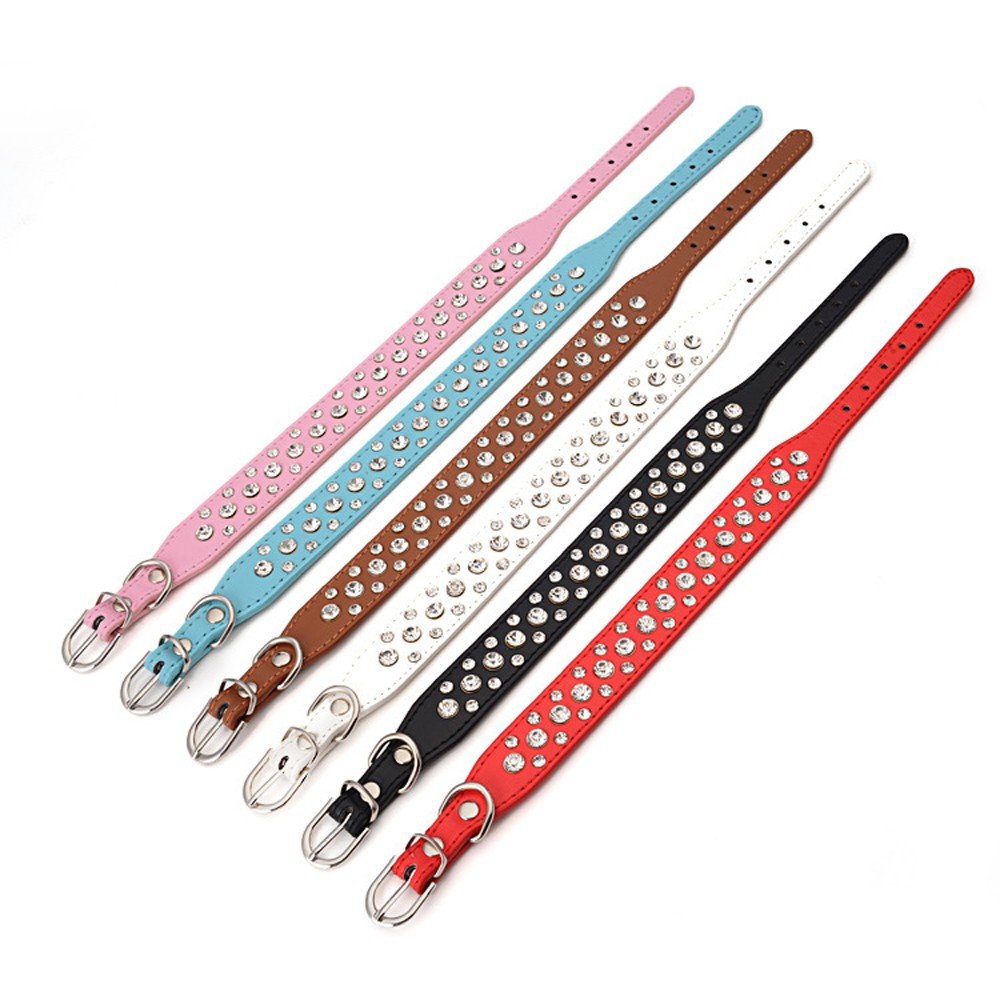 Dogs Kingdom 12''-20'' Length Personalized Rhinestone Leather Bling Crystal Pet Dog Cat Collars For Small Medium Breeds Brown Xs
