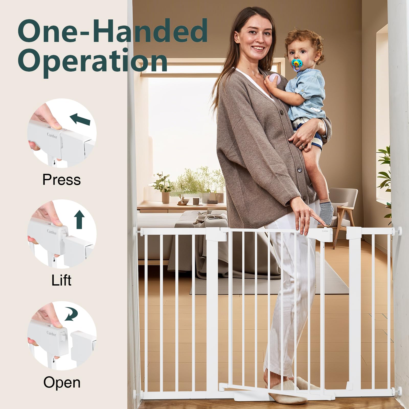 Cumbor 29.7-48' Baby Gate For Stairs, Mom'S Choice Awards Winner-Dog Gate For Doorways, Auto Close Safety Pet Gate For Dogs Indoor, Easy Install Pressure Mounted Child Gate With Walk Thru Door, White
