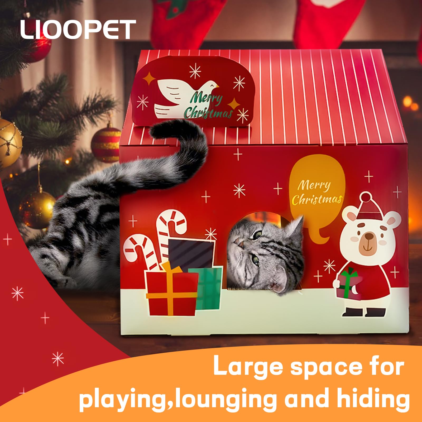 Christmas Cardboard Cat House With Scratching Pad (15''X12''X15'') Cat Play House For Indoor Cats, Christmas Decorations Scratch