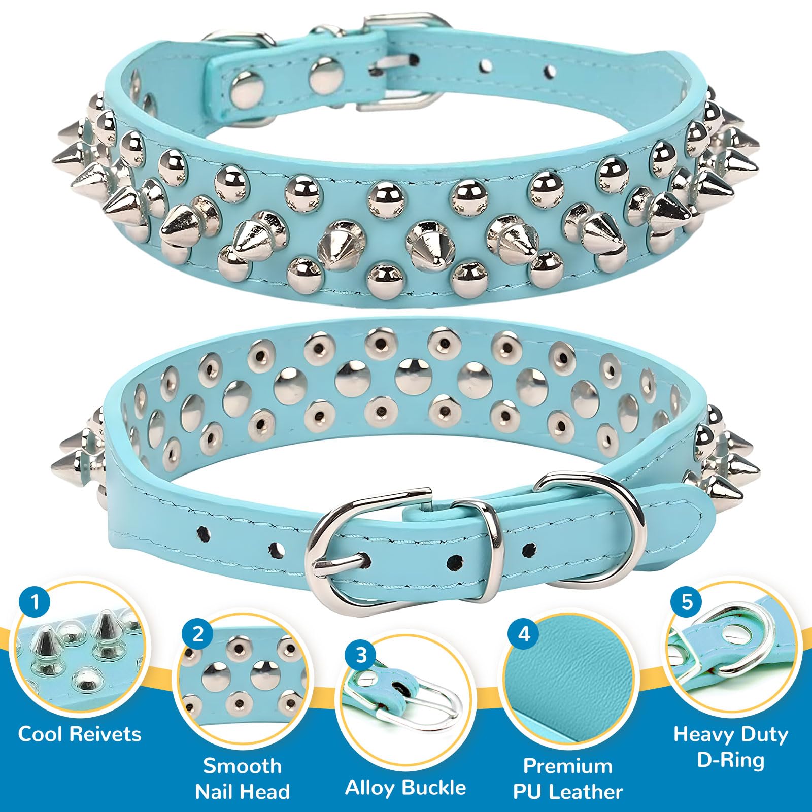 Petcare Spiked Dog Collar Blue Soft Pu Leather Funny Mushrooms Rivet Spike Studded Puppy Collar Adjustable Outdoor Pet Dog Colla