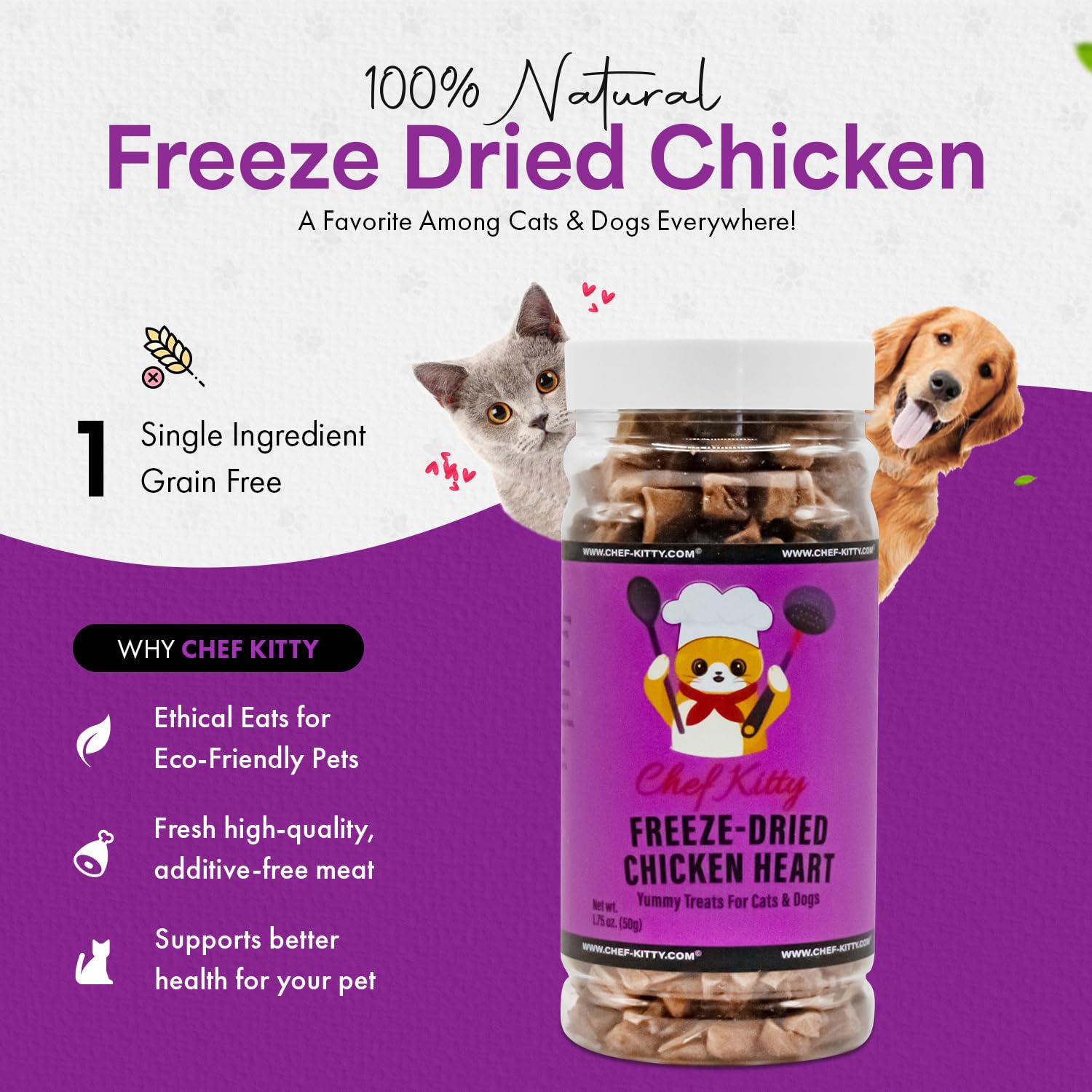 Chef Kitty Freeze-Dried Chicken Heart Treats for Cats & Dogs - 100% Human Grade, Single Ingredient, High-Protein, Healthy Snack