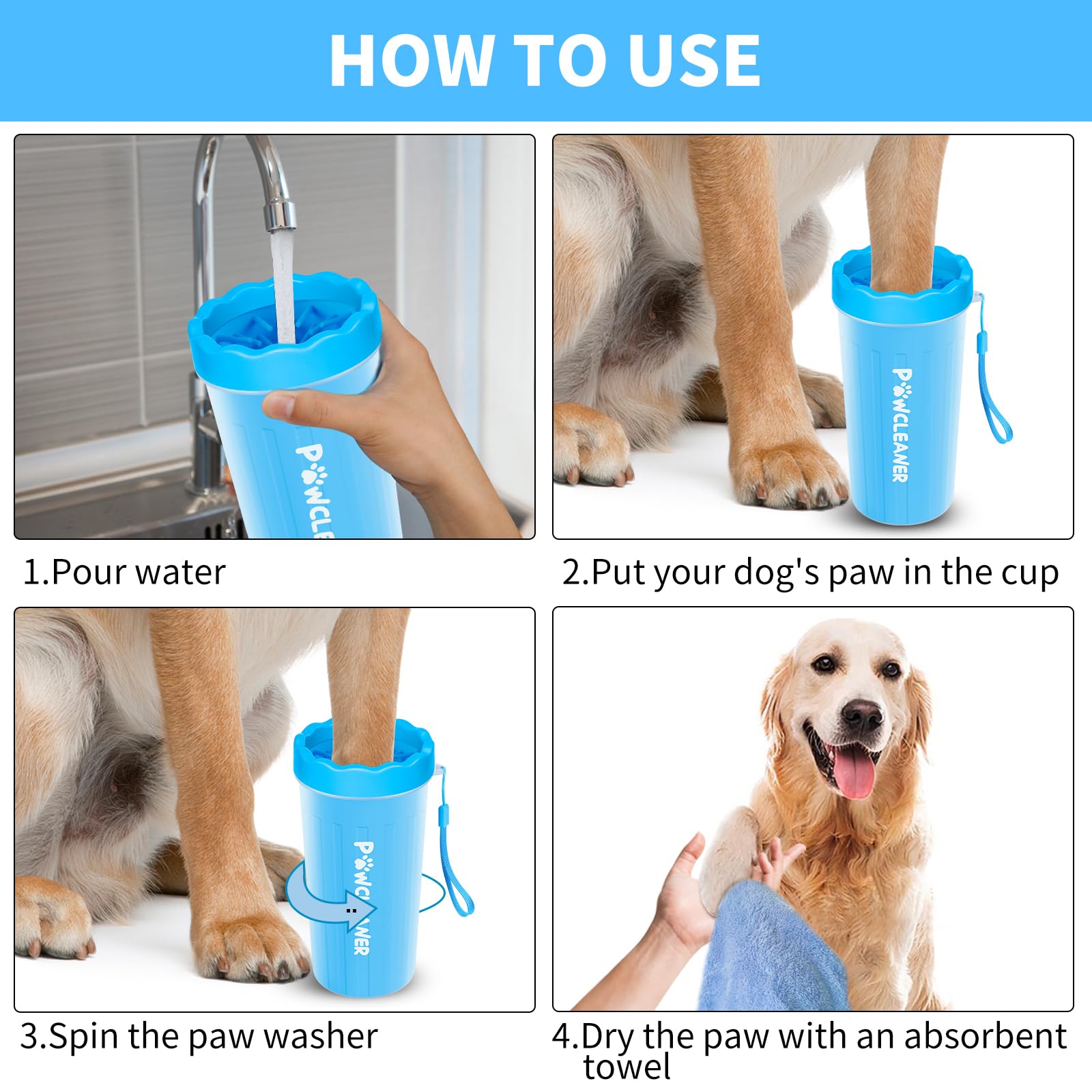 Comotech Dog Paw Cleaner With Bath Brush & Absorbent Towels - Adjustable Ring Handle For Long And Short-Haired Dogs (Large, Blue)