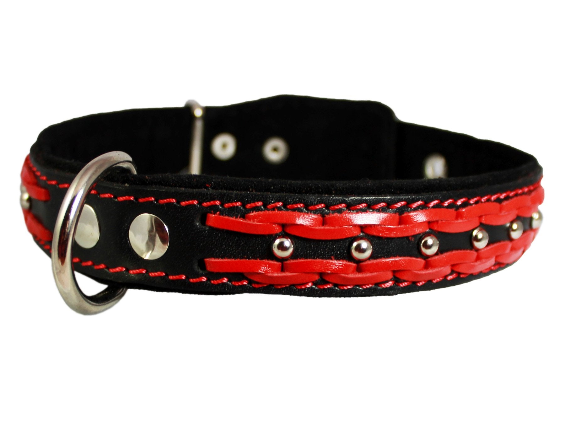Genuine Leather Braided Studded Dog Collar,Red On Black 1.25' Wide. Fits 16'-20.5' Neck.