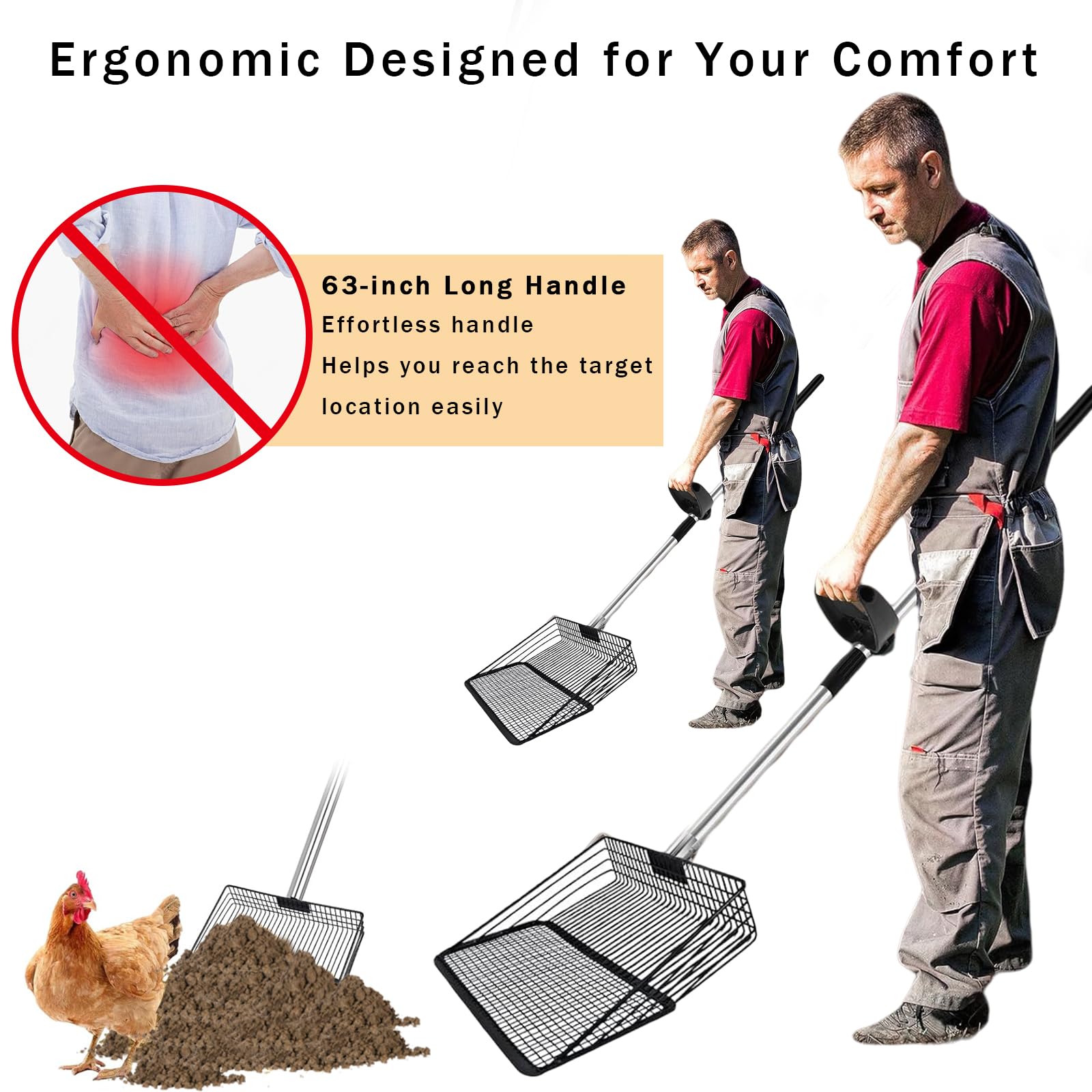 12 Metal Chicken Poop Scooper Rake for Sand with 24 to 68 Handle, Adjustable Chicken Coop Scoop for Poop, Wide 10   Poop Shovel