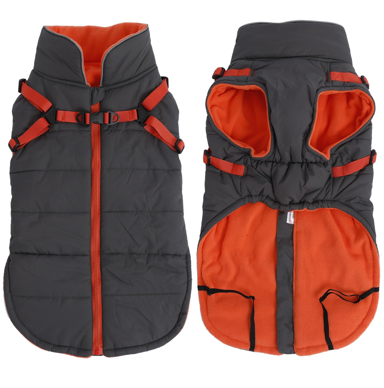 Geyecete Winter Warm Coat Waterproof Dog Winter Jacket with Harness Traction Belt,Windproof Pet Outdoor Jacket-Gray-XL