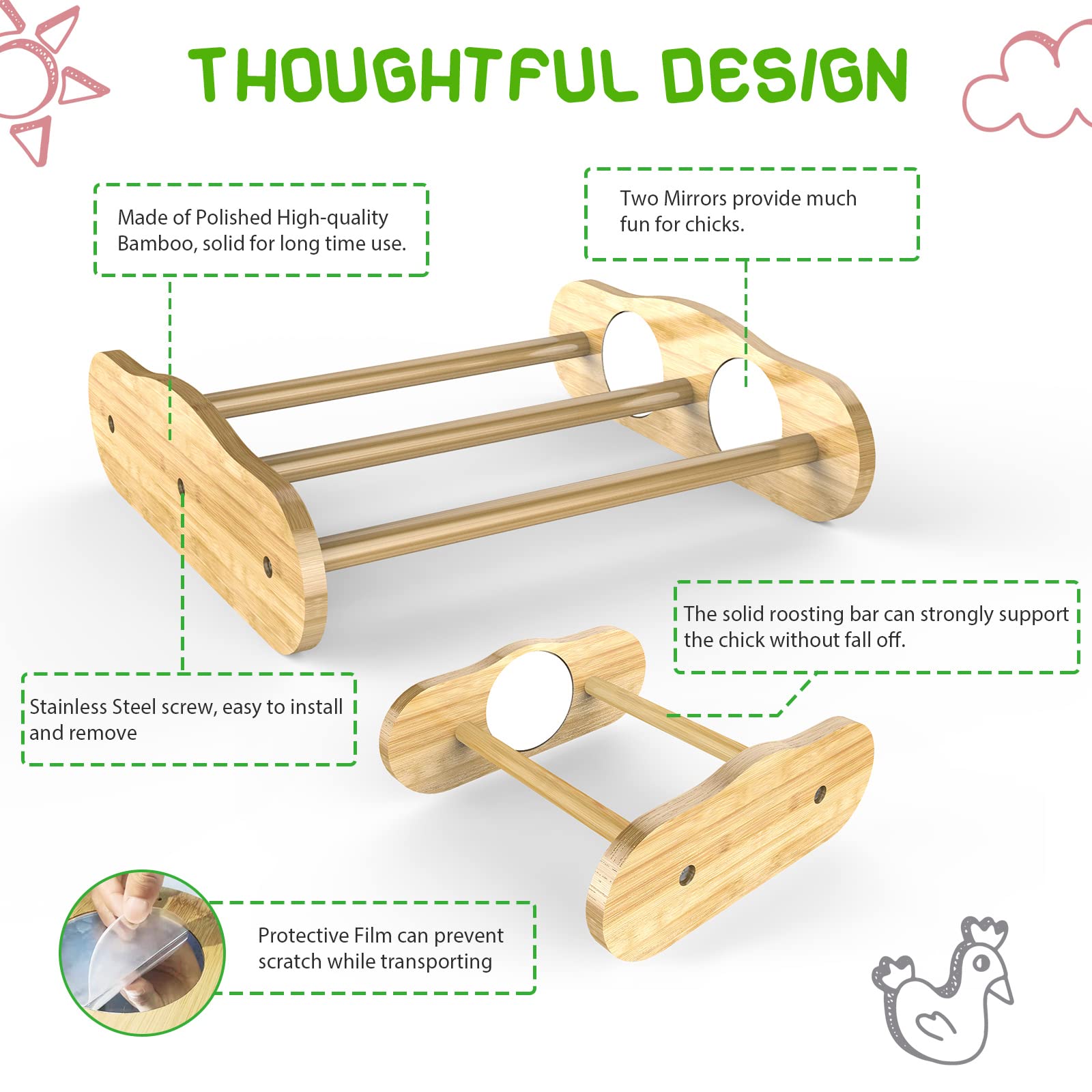 Ensayeer 2-in-1 Bamboo Chick Perch Set with Mirror & Mini Roosting Bar for Large Birds, Hens, Parrots - Easy to Assemble & Clean